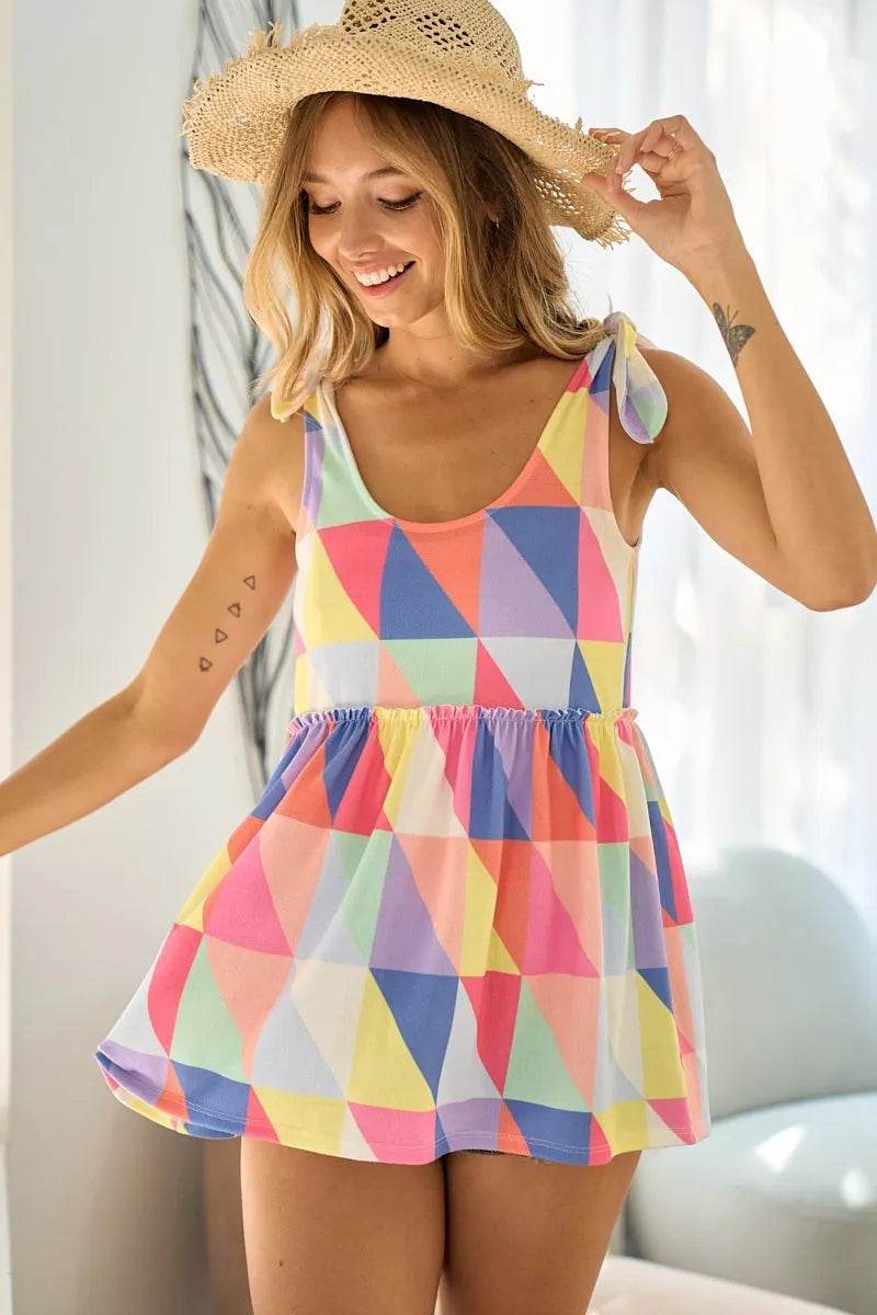 BiBi Women's Multi-Color Block Brushed Tied Ribbon Shoulder Top | Casual Summer Blouse for Date Night & Beach Outings