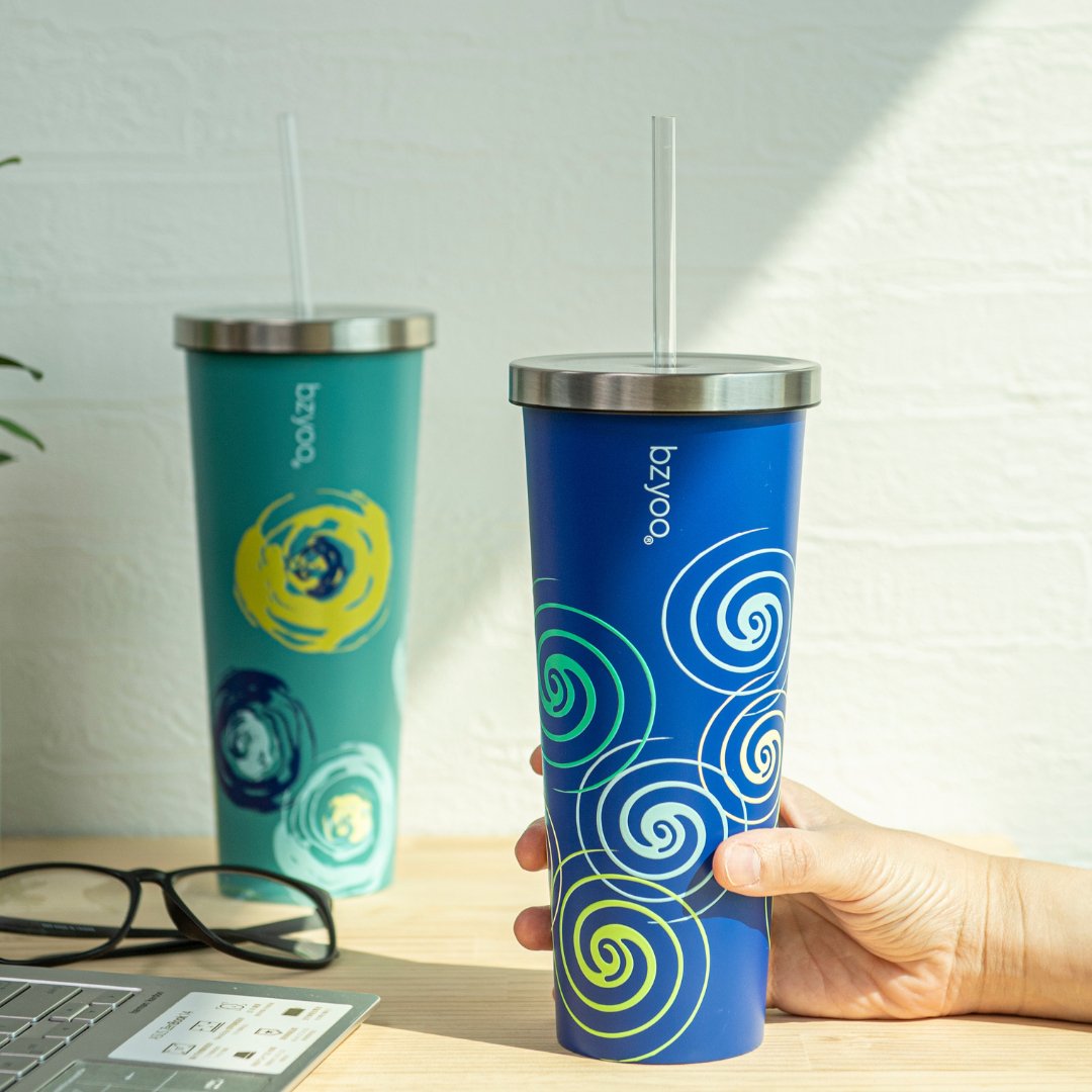 24oz Double Wall Vacuum Insulated Stainless Steel Tumbler with Straw Lid - Blue Swirl Design | Leakproof & Sweatproof | Perfect for Coffee, Iced Tea & Outdoor Activities