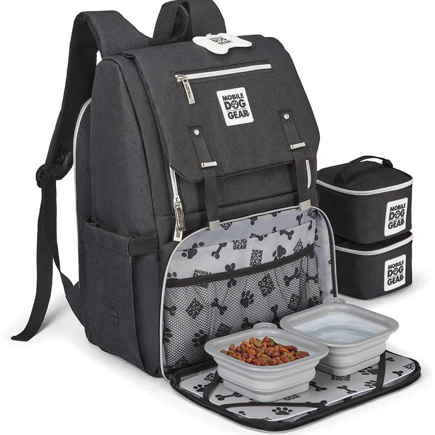 Mobile Dog Gear Black One Flap Week Away Backpack - Durable Pet Travel Backpack for Small Dogs & Cats - Perfect for Hiking, Camping & Airplane Travel