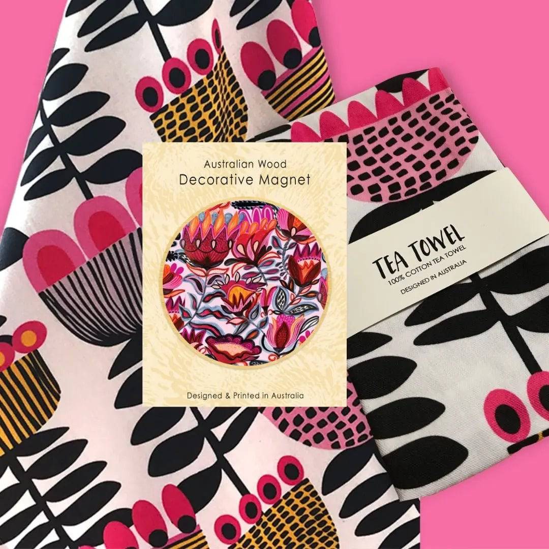 Folk Flowers Tea Towel & Wooden Fridge Magnet Gift Set - Handmade Cotton Kitchen Towel with Decorative Floral Wood Magnet - Perfect for Housewarming, Bridal Shower & Kitchen Decor Gifts