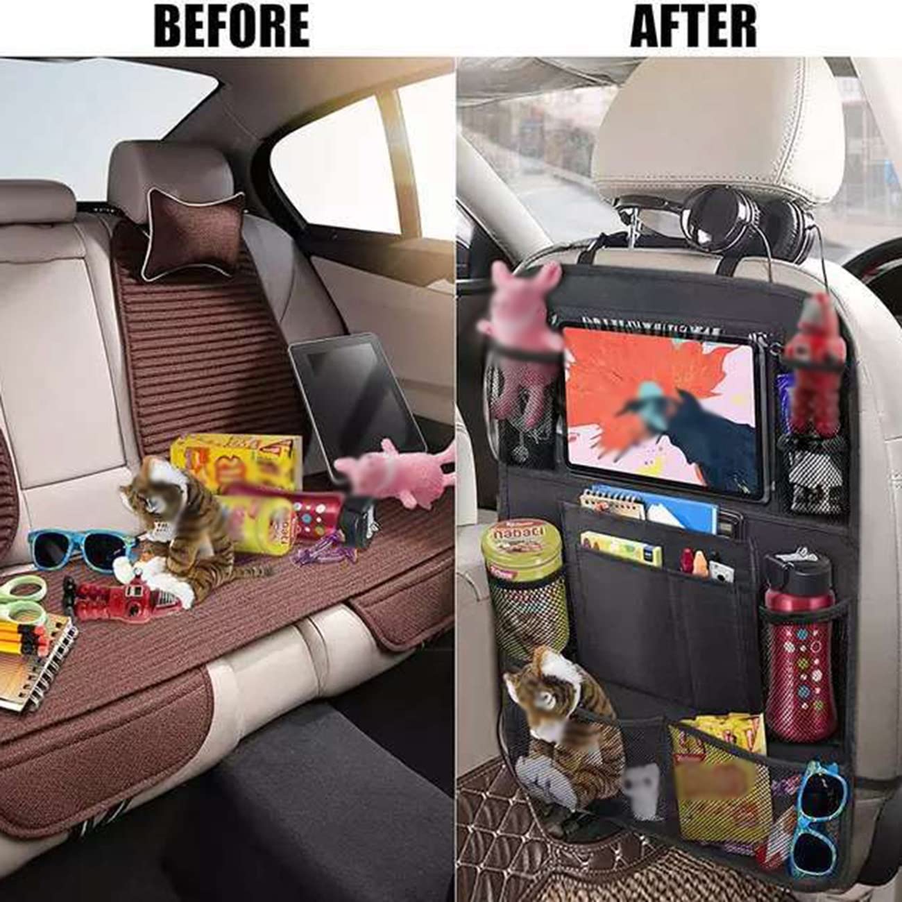 Quesardens Car Backseat Organizer with Tablet Holder - Travel Storage Organizer for iPad, Toys, Snacks & Books - Perfect for Road Trips & Family Vacations (1 Pack)