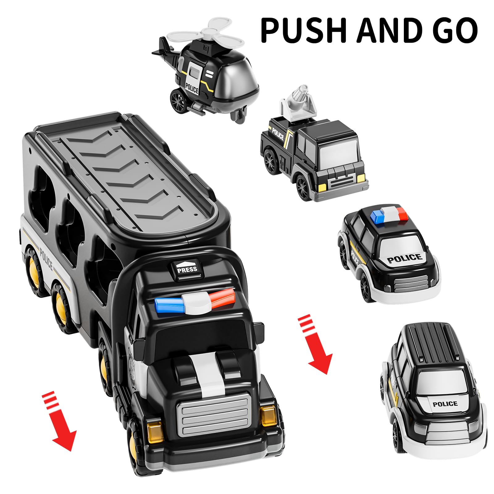 TEMI Police Toy Trucks for Kids Ages 3-7 - Interactive Transport Vehicle Carrier Playset for Toddlers & Preschoolers | Perfect Gift for Boys & Girls | Pretend Play, Birthday Party & Learning Scenarios