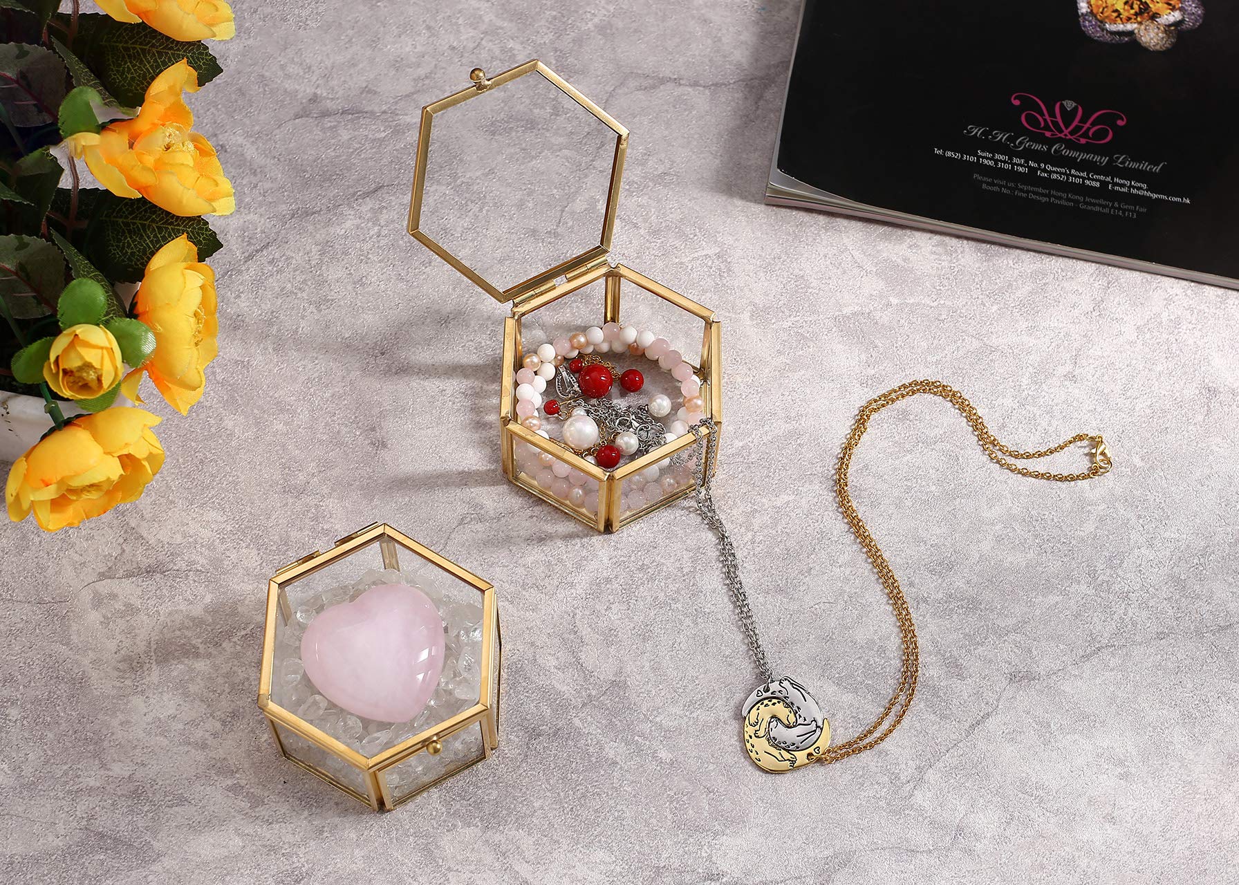 Jovivi Gold & Copper Faceted Hexagonal Glass Lid Terrarium Box - Jewelry Display Organizer for Rings & Bracelets - Decorative Home & Desk Decor for Plant Lovers & Gift Giving