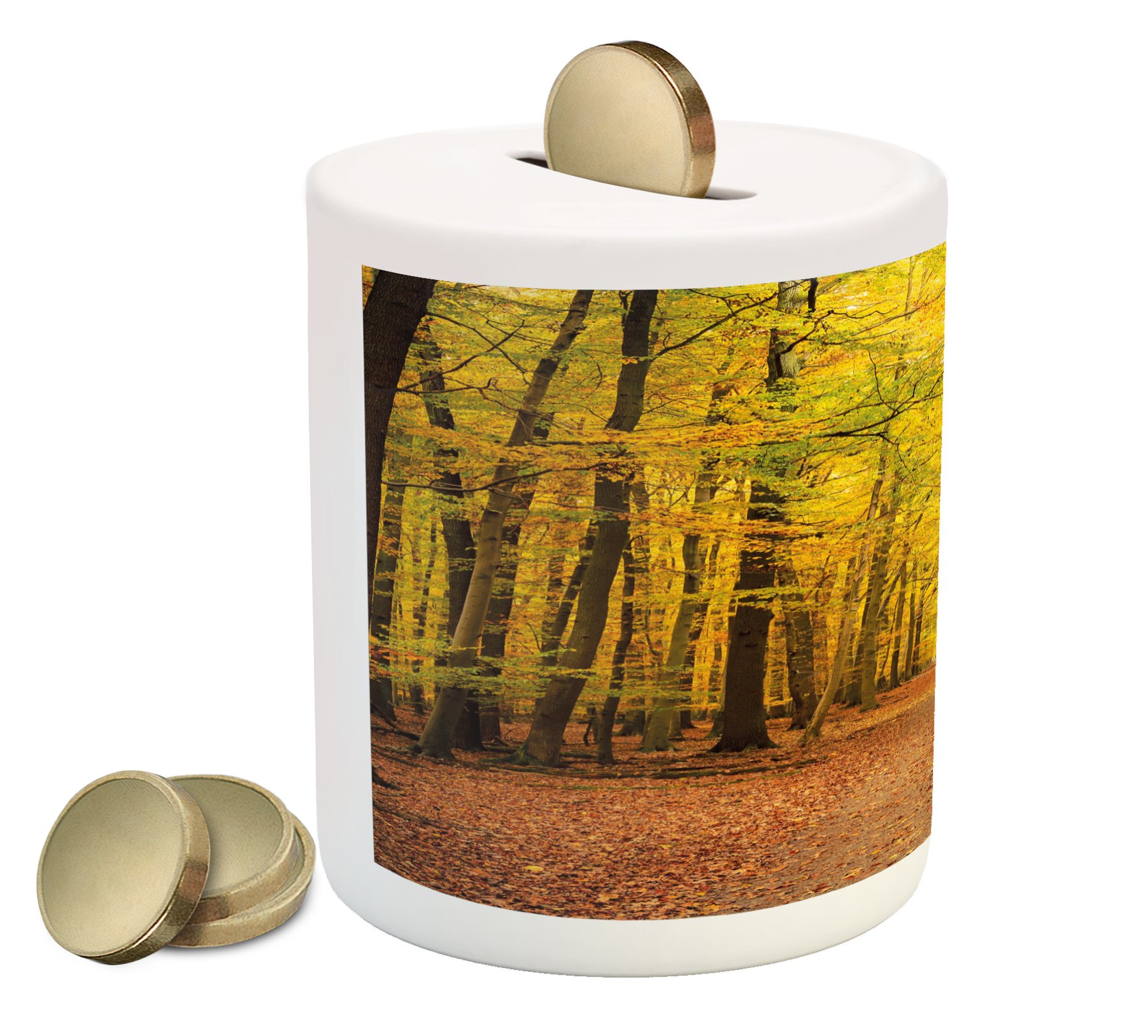 Ambesonne Fall Piggy Bank - Ceramic Coin Bank with Seasonal Park Foliage Pathway Scenic Print - Money Saving Box for Cash & Coins in Pale Green, Orange & Brown - Perfect Gift for Autumn Holidays, Thanksgiving & Home Decor