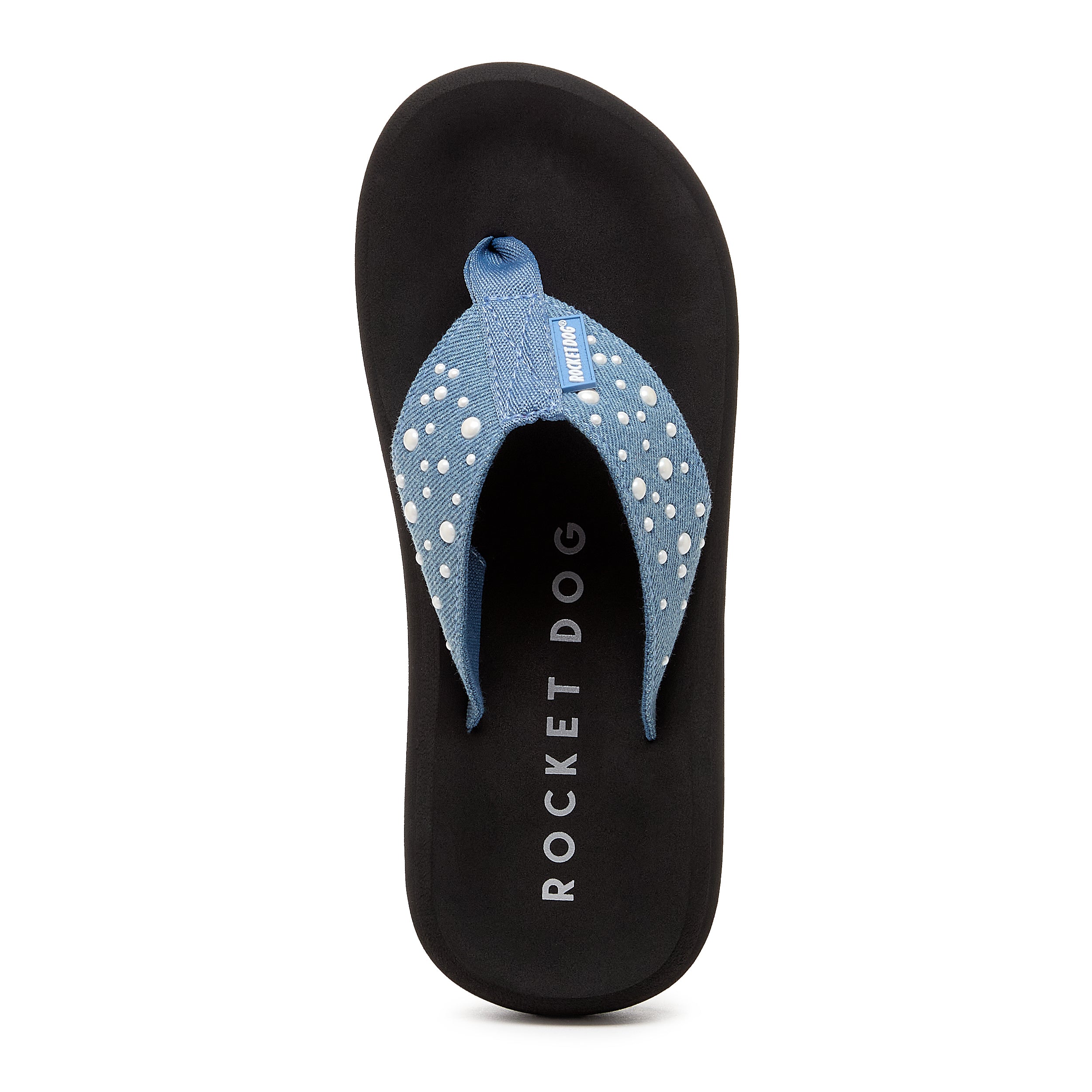 Spotlight Denim Pearl Flip Flops for Women - Comfortable Summer Beach Sandals with Rhinestone Decorations | Perfect for Pool Parties, Vacations & Casual Outings