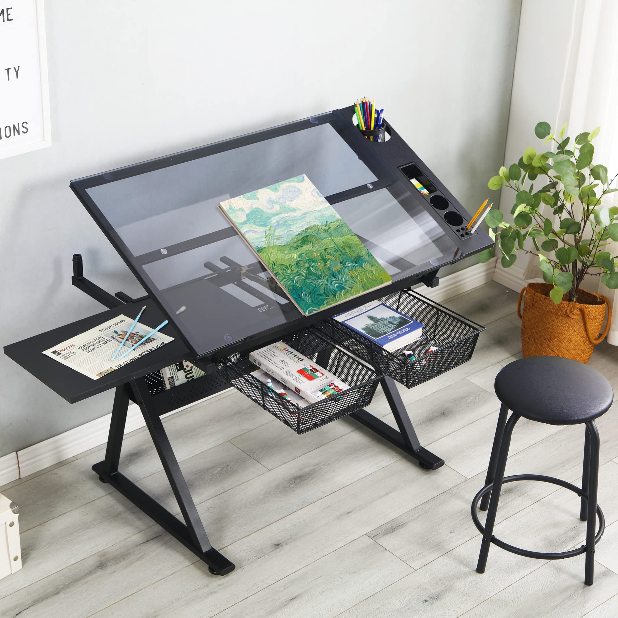 LifeSky Adjustable Drafting Table for Artists - Glass Top Art Drawing Desk with Storage for Painting, Sketching & Illustration - Perfect for Painters, Illustrators, Cartoonists & Designers (Black) - Ideal for Home Studios, Art Classes & Professional Workspaces