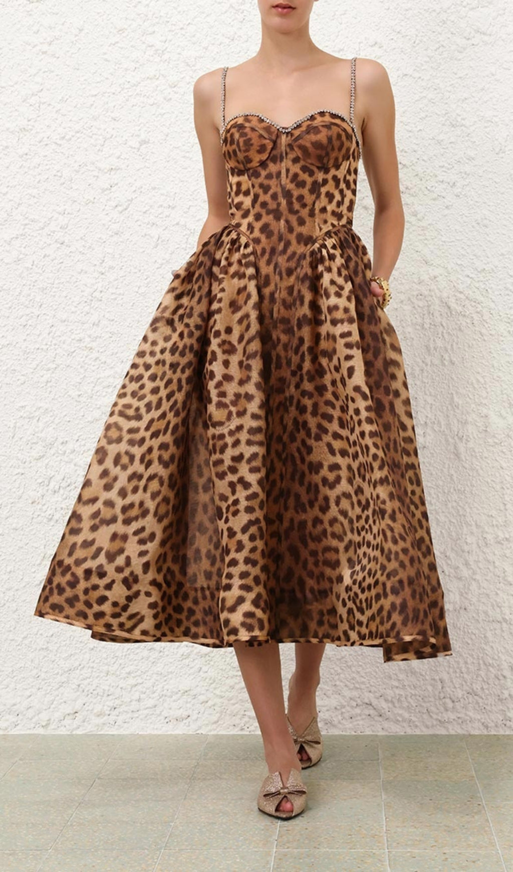 Animal Print Crystal Bustier A Line Midi Dress for Women - Elegant Party & Evening Wear - Perfect for Cocktail Parties, Date Nights & Special Occasions