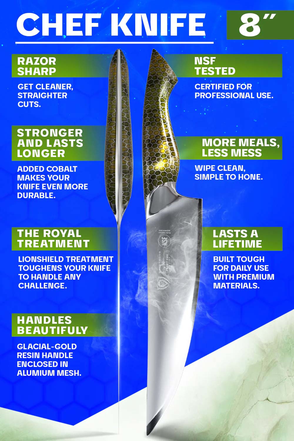 Premium 8-Inch Chef's Knife - Dragon Skin Handle, Glacial Lightning Edition - NSF Certified Professional Kitchen Knife for Cooking, Slicing & Chopping - Ideal for Home Chefs & Culinary Enthusiasts