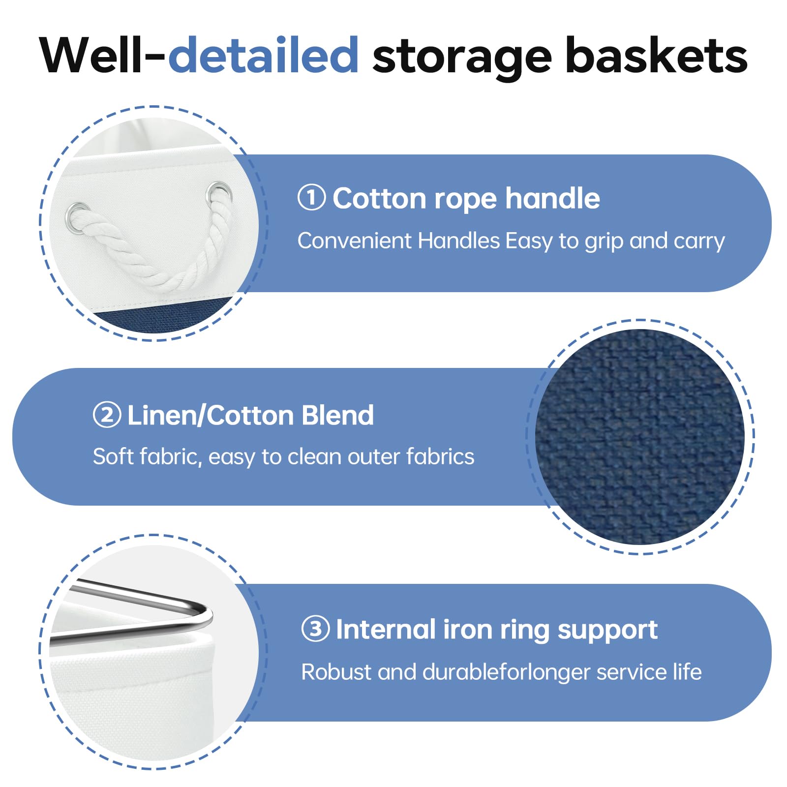 13 x 13 Inch Cube Storage Bins, 6 Pack Fabric Storage Cubes with Handles - Foldable Organizer for Shelves, Closet, Toys, Books, Clothes & Laundry - Perfect for Home, Office & Nursery Organization (White & Navy Blue)