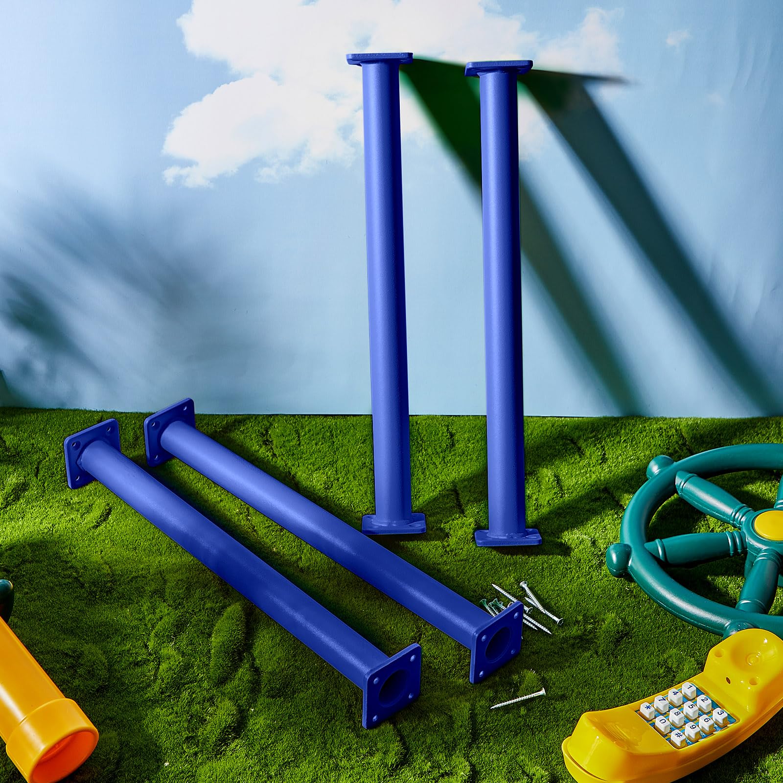Dunzy 12 Pack Monkey Bars Swing Set Accessories - 16.5 Inch Blue Steel Monkey Bars with Screws & Mounting Plates for Backyard Playground Equipment - Perfect for Kids Outdoor Play, Jungle Gym & Swing Set Upgrades