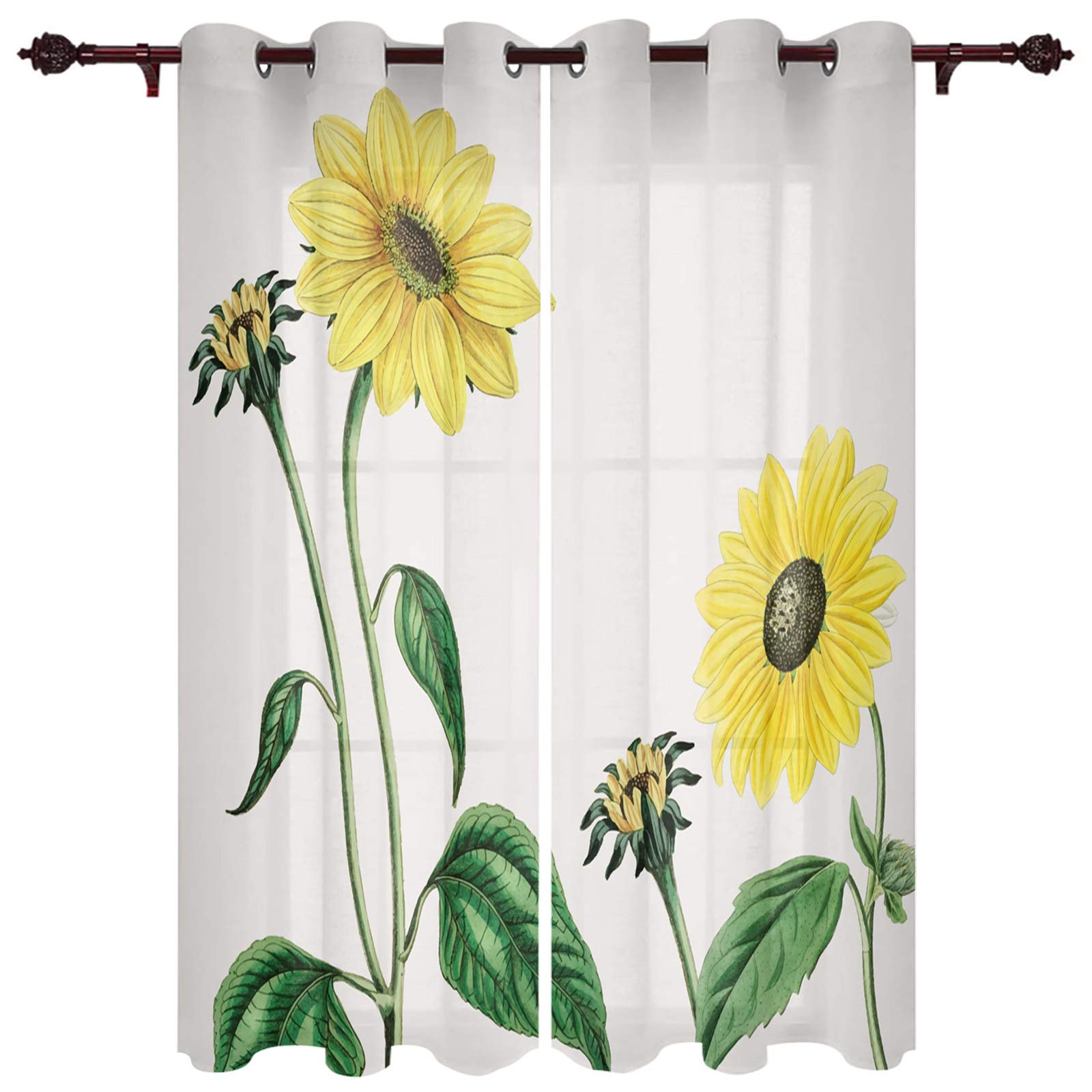 Blooming Sunflower Sheer Curtains - 2 Panels Grommet Window Drapes 90 Inch Length for Kitchen, Living Room, Bedroom & Patio | Light Filtering Tier Curtains for Sliding Glass Doors & Windows | Home Decor & Sun Protection