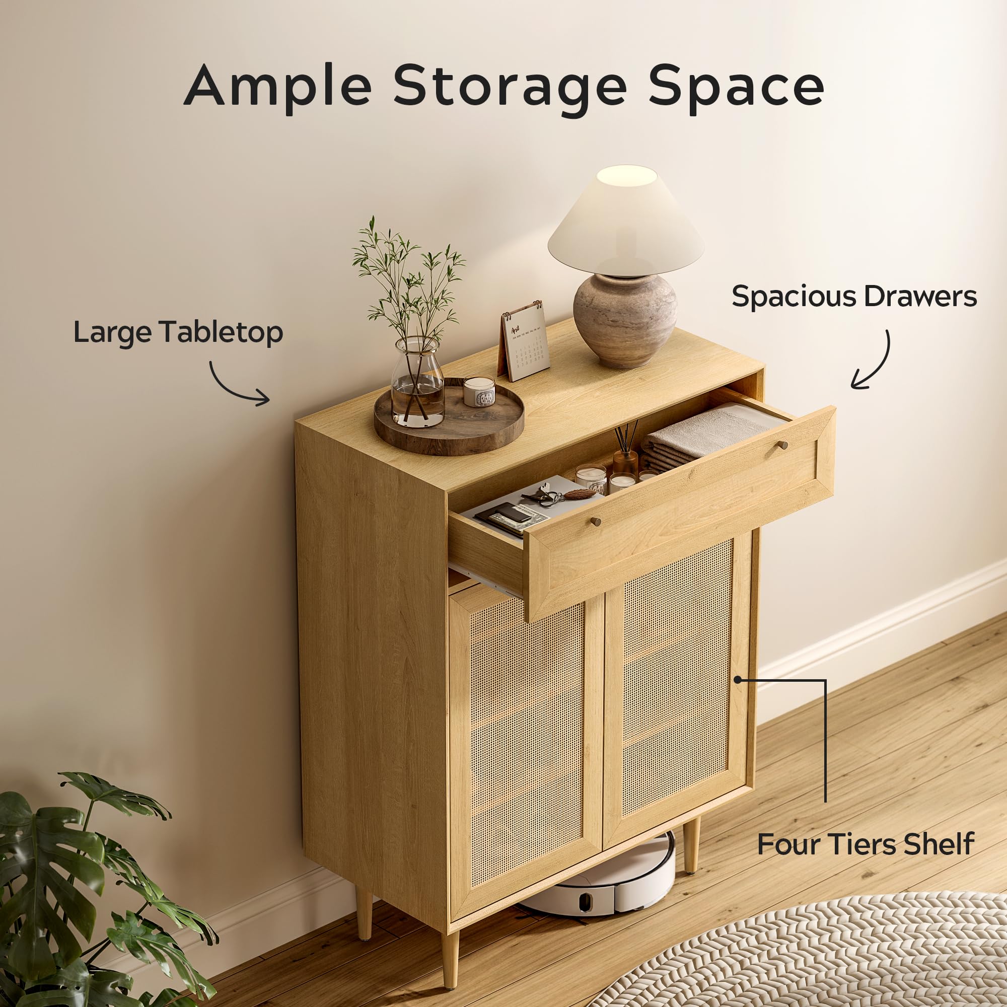 Modern Rattan Shoe Cabinet with Drawer & Doors - Large Freestanding Shoe Storage Organizer with Adjustable Shelves & Anti-Tip Design - 4-Tier Natural Oak Shoe Rack for Entryway, Bedroom, or Closet Organization - Farmhouse Style Home Decor