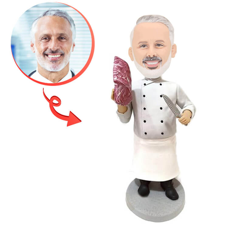 Custom Chef with Steak Bobblehead Figurine - Unique Kitchen Decor, Funny Gift for BBQ Lovers & Home Cooks - Perfect for Office Desk, Restaurant Display, or Man Cave Decoration