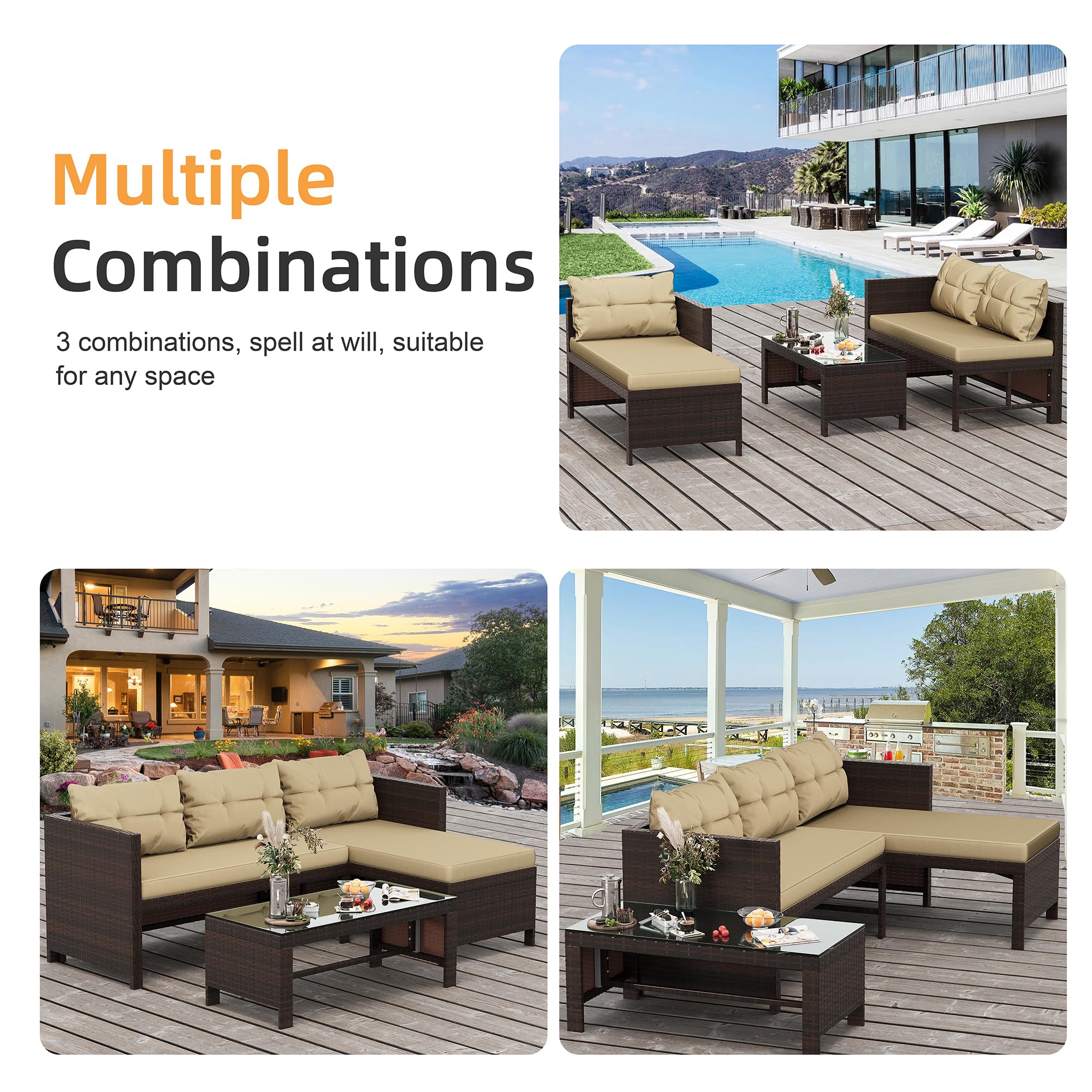 Shintenchi 3-Piece All-Weather Wicker Patio Furniture Set with Cushions & Glass Coffee Table - Outdoor Sectional Sofa for Garden, Poolside & Backyard (Khaki)