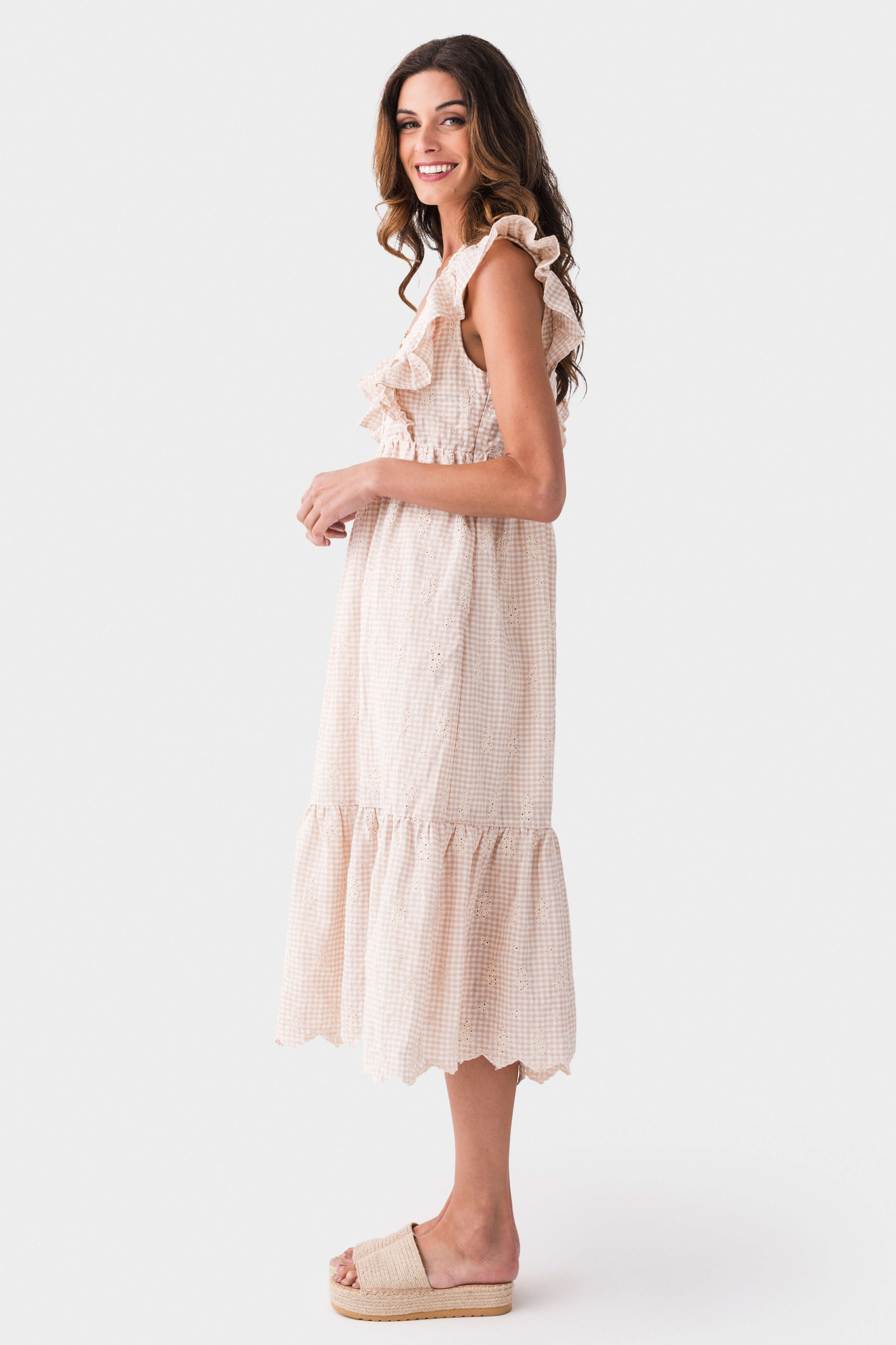 Gigio Gingham Print Floral Embroidery Midi Dress - Women's Summer Casual Dress for Brunch, Beach & Date Night
