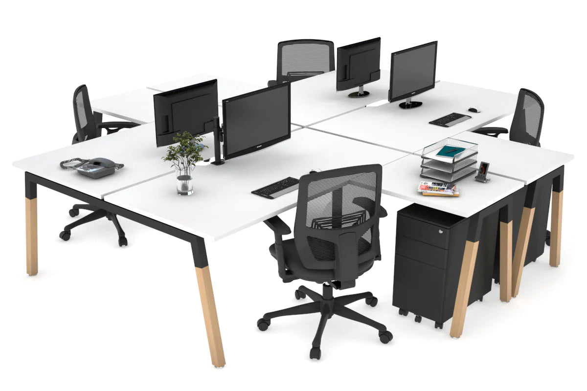 Quadro Wood A Legs Cross Beam 4-Person Corner Workstation Desk - 1600L x 1800W with Cable Management Scallop - Perfect for Office, Home Workspace & Collaborative Environments