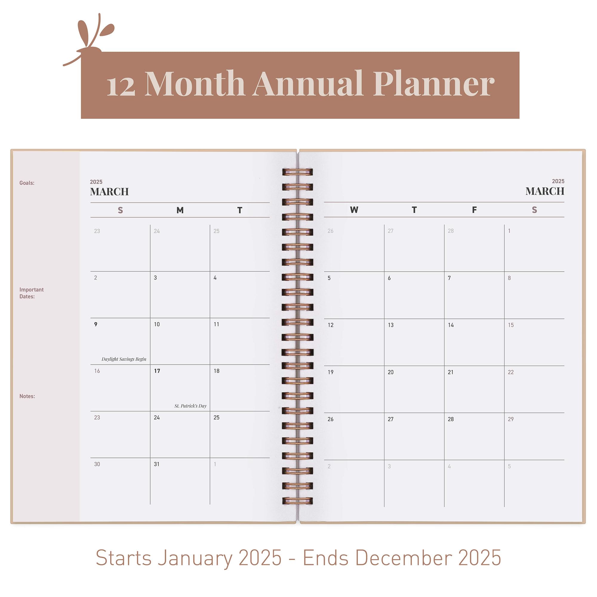Rileys & Co 2025 Floating Weekly Planner - Jan-Dec 2025, 6x8 Inch Beige Flexible Cover Planner with Monthly & Weekly Layouts, Notes Pages & Twin-Wire Binding | Perfect for Work, School & Personal Organization