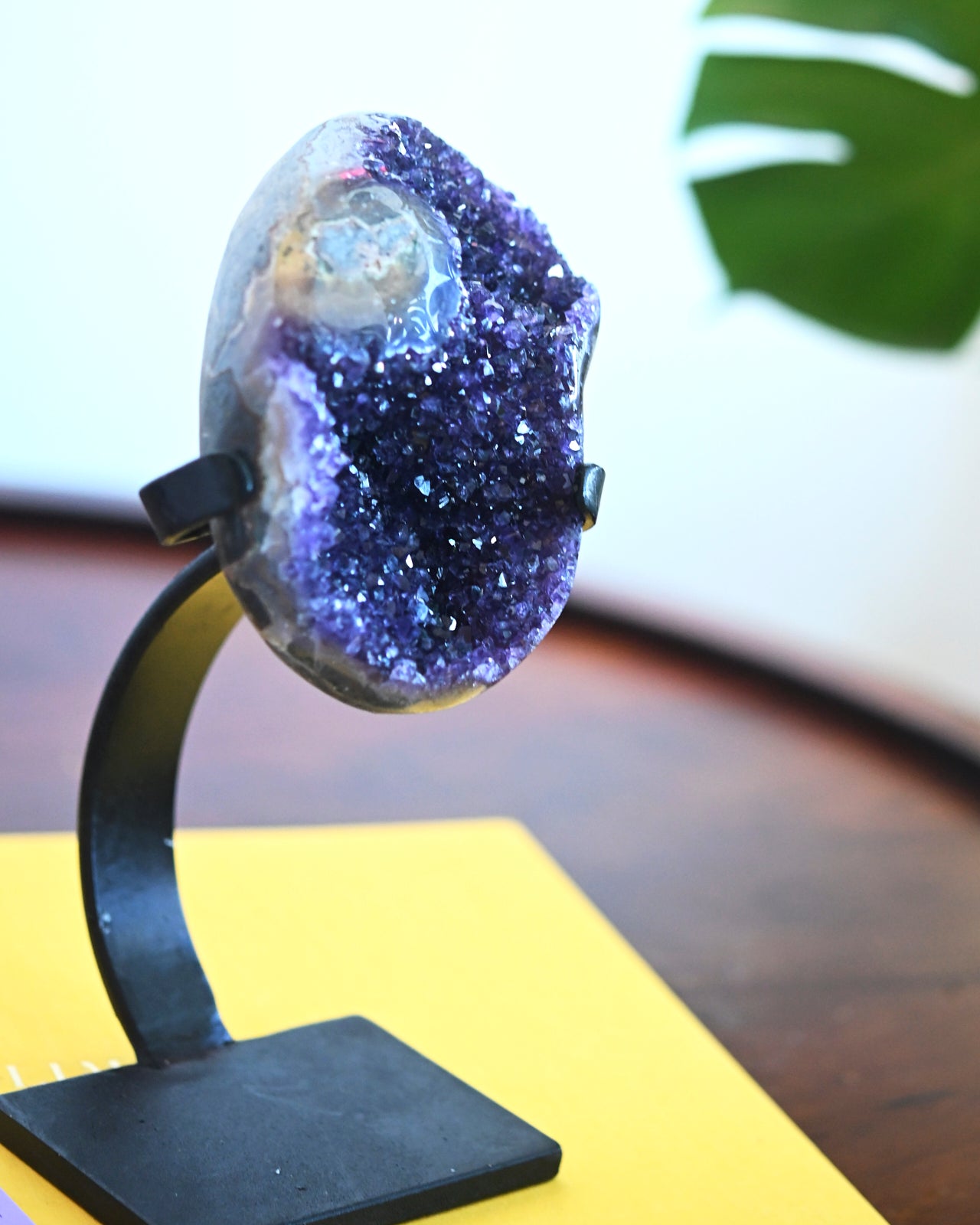 Natural Amethyst Crystal Geode on Wooden Stand - 3.9lbs Healing Stone for Home Decor, Meditation & Spiritual Gifts