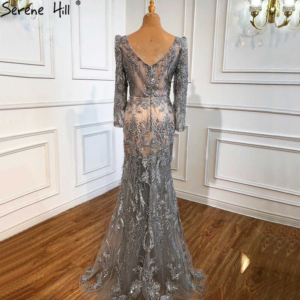 Elegant Grey Mermaid Evening Gown with Beading & Feathers - Luxury Formal Dress for Women | Perfect for Prom, Gala & Special Occasions