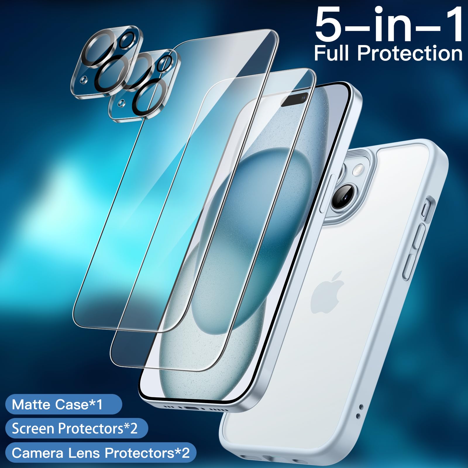 JETech 5-in-1 Matte Shockproof Case for iPhone 15 (6.1-Inch) - Includes 2-Pack Tempered Glass Screen Protectors & Camera Lens Protector - Translucent Blue Back Cover for Everyday Protection & Style