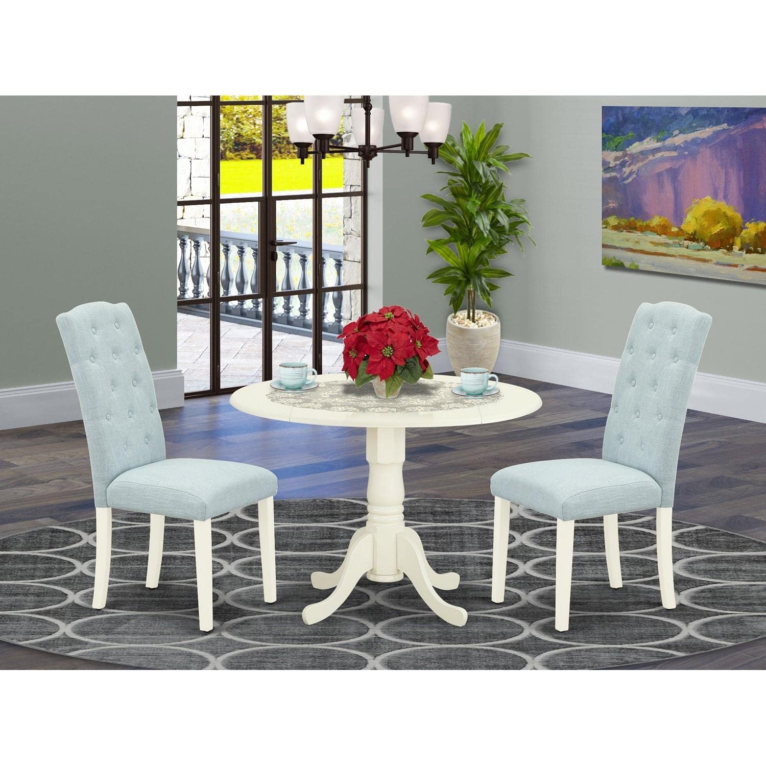 East West Furniture DLCE3-WHI-15 3-Piece Round Dining Table Set with Drop Leaf & 2 Baby Blue Upholstered Chairs, 42x42 Inch, Linen White - Perfect for Small Spaces, Breakfast Nooks & Cozy Apartment Dining
