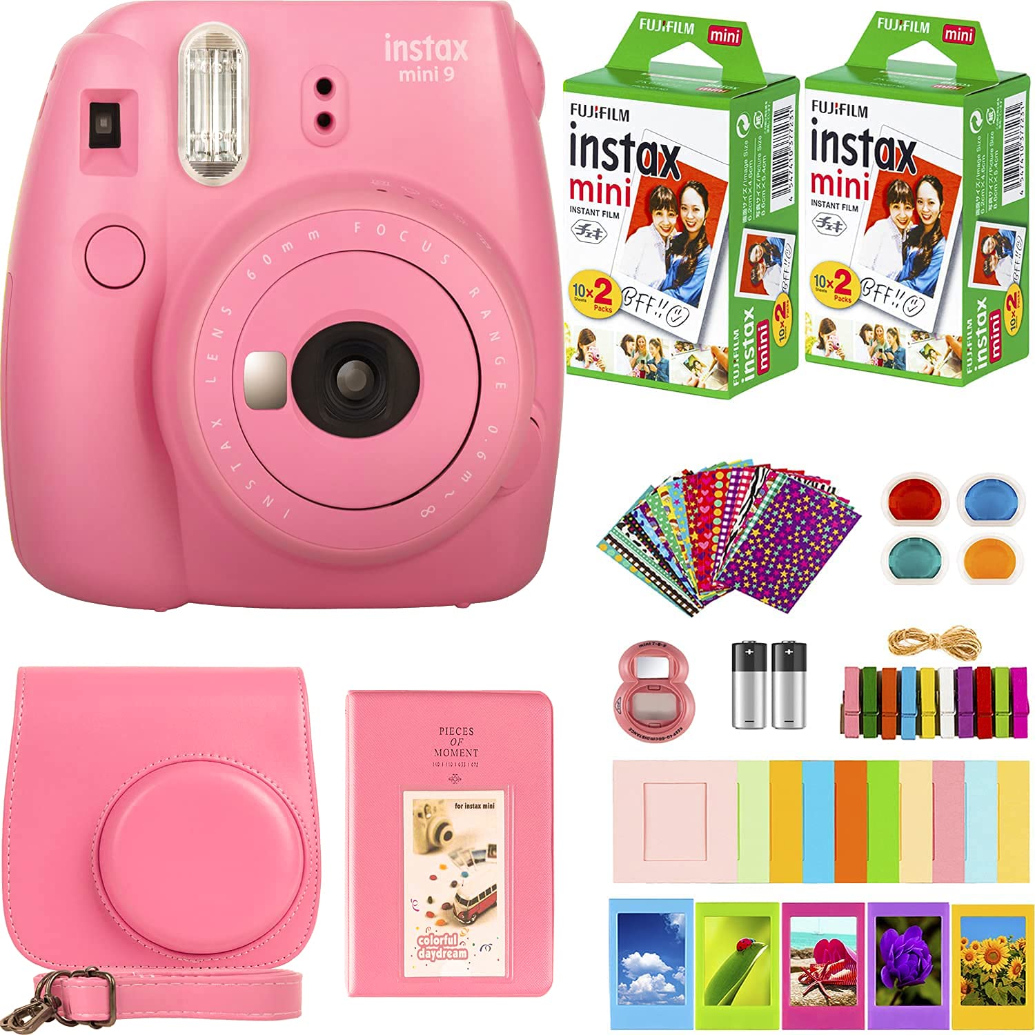 Fujifilm Instax Mini 9 Instant Camera Bundle with 40 Sheets Film & Accessories - Carrying Case, Filters, Photo Album - Flamingo Pink for Kids, Teens & Beginners | Perfect for Parties, Travel & DIY Photo Gifts