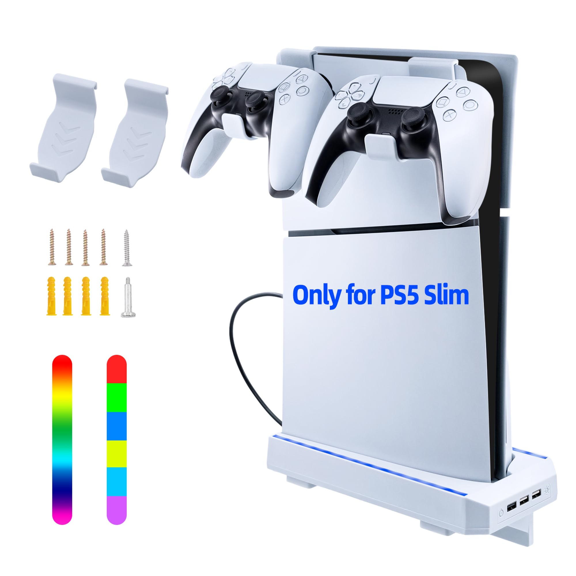 RGB Wall Mount Charging Station for PS5 Slim - Dual Controller Dock with 8 Lighting Modes & 2 USB 2.0 Hubs - Compatible with PS5 Slim Disc/Digital Edition (White) - Perfect for Gaming Setup & Console Organization