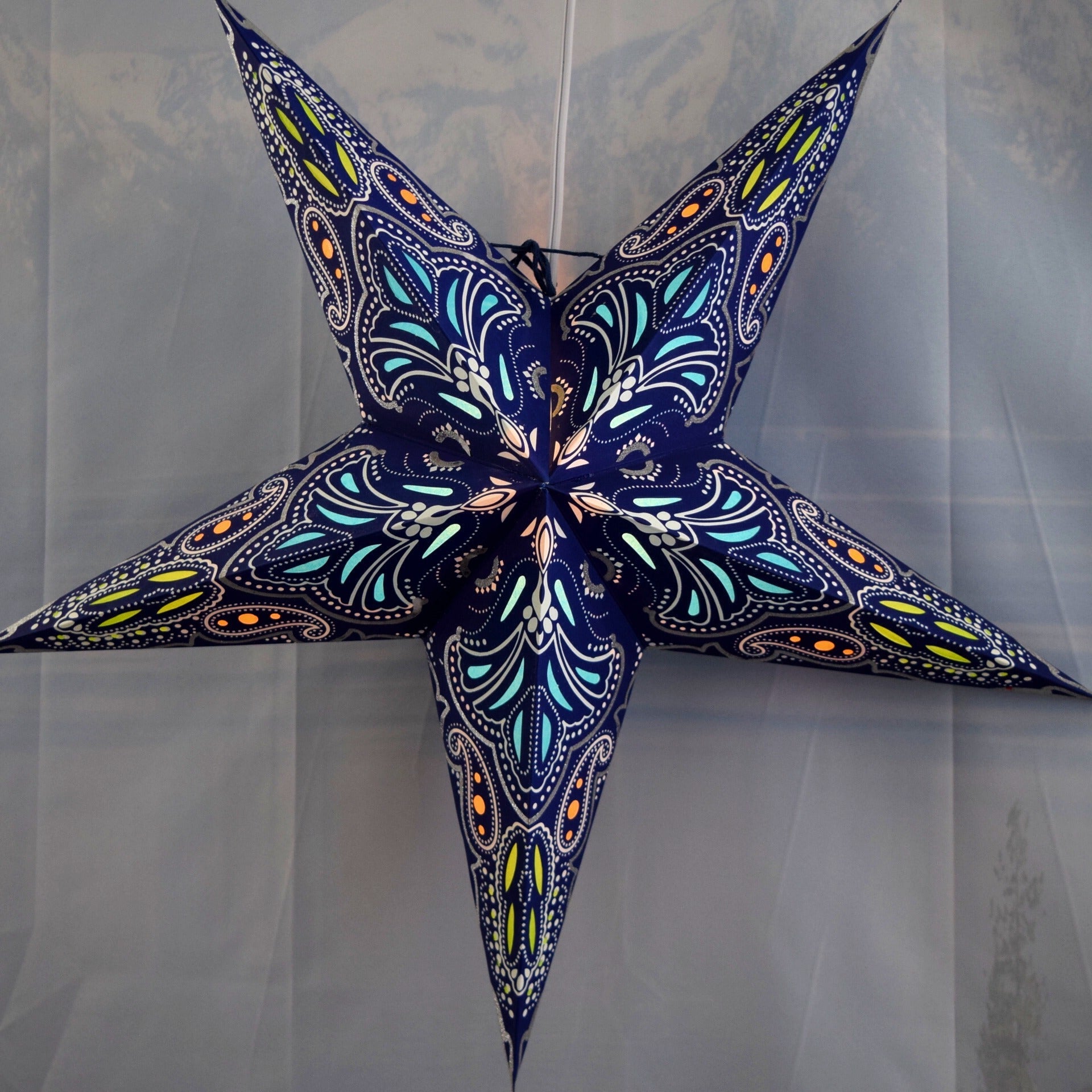 24 Inch Blue Aura Glow Glitter Paper Star Lantern - Party Decor, Wedding Centerpiece, Boho Home Decoration for Indoor & Outdoor Events