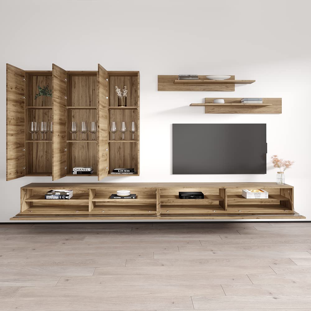 Modern Floating TV Stand with Storage & LED Lights - Wall-Mounted Entertainment Center for Bedroom & Living Room - E1 Grade Oak Wood TV Console with Shelves - Perfect for Small Spaces & Home Theater Setup
