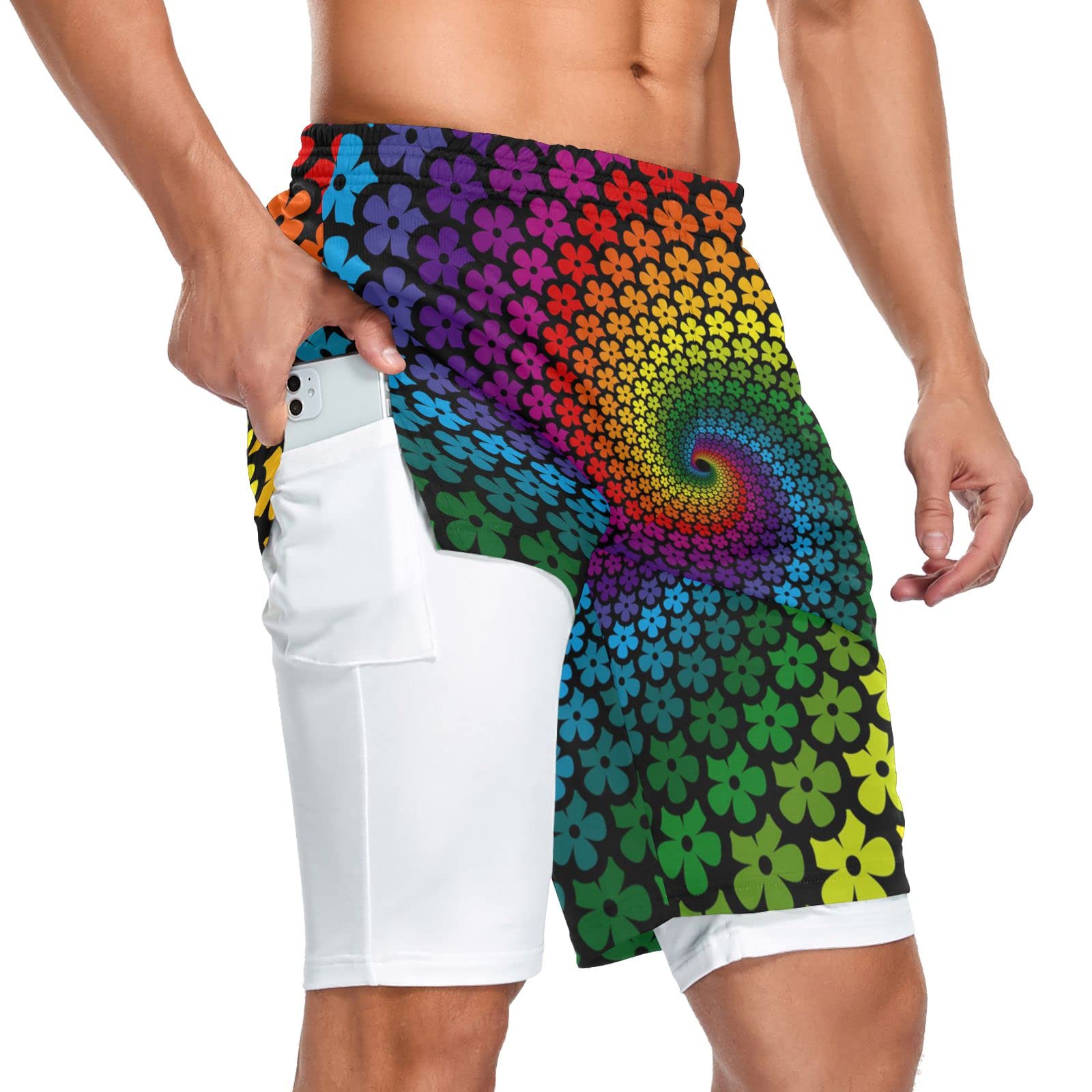 JHKKU Men's 2-in-1 Quick Dry Running Shorts with Pockets & Towel Loop - Breathable Workout Athletic Shorts for Gym, Jogging & Outdoor Sports - Rainbow Floral Design