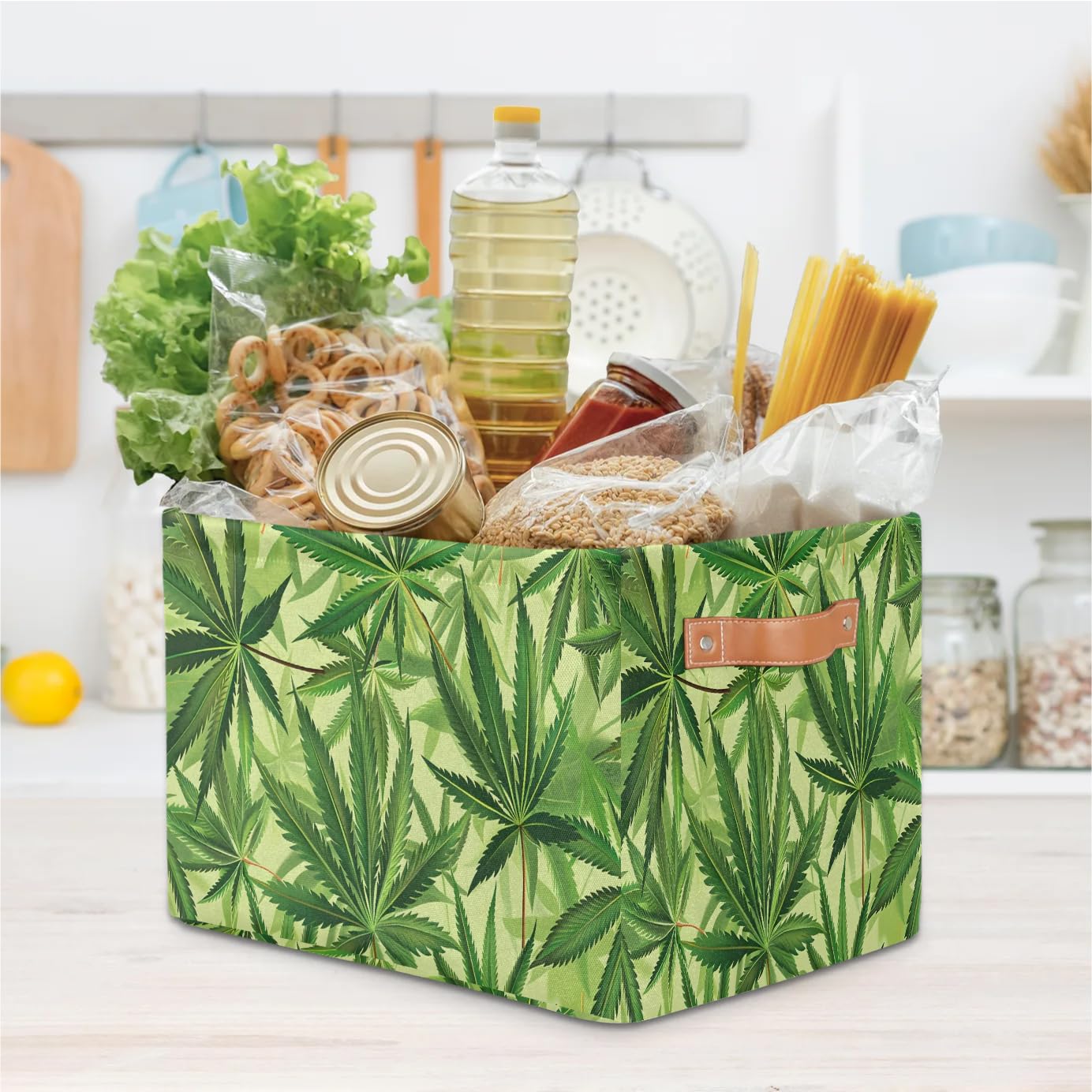 Large Cannabis Leaf Storage Baskets - 2 Pack Fabric Closet Organizers with Handles, Decorative Collapsible Shelving Bins for Home Organization | Perfect for Storing Clothes, Toys & Bedroom Essentials