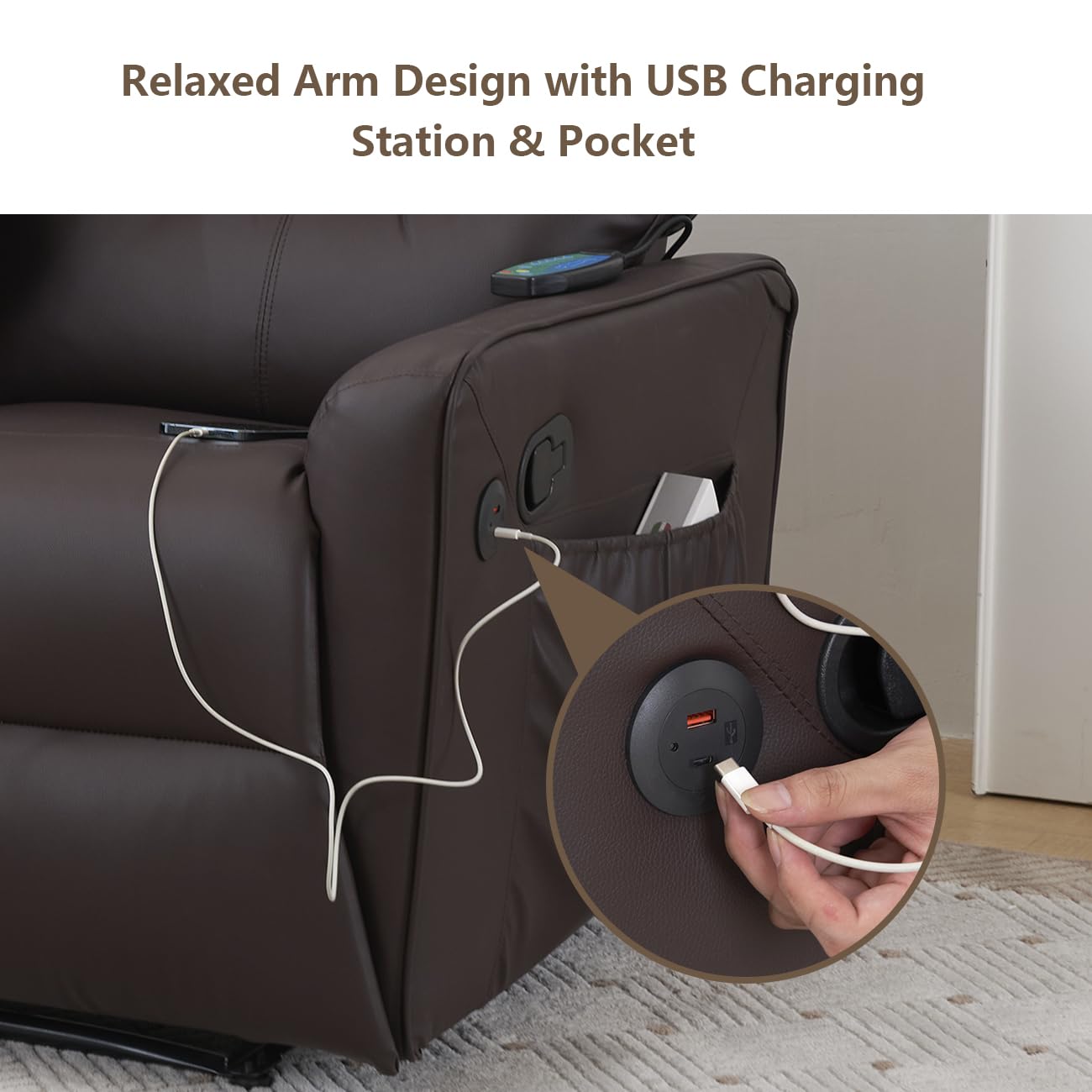 **RVEE RV Loveseat Console Theater Seating – 2-Seater Powered Recliner Double Sofa with USB Charging, Massage & Heat – Faux Leather Brown – Perfect for RV, Home Theater & Living Room**