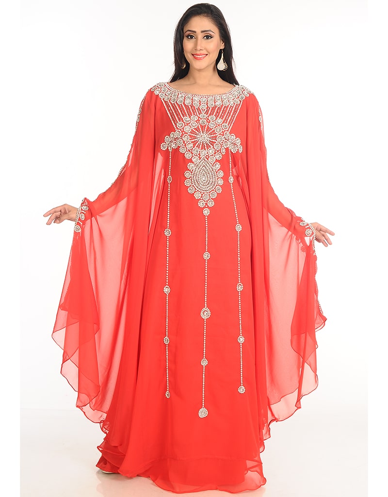 Arabic Peach Georgette Hand Zari Embroidered Farasha Dress - Elegant Evening Wear for Parties & Special Occasions