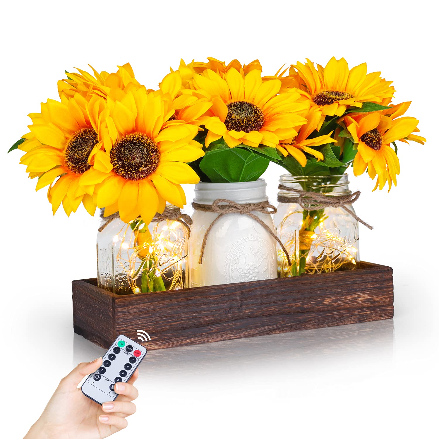 Fowecelt Mason Jar Lights with Wood Tray - 3 Jars Sunflower Farmhouse Table Centerpiece for Dining Room, Living Room, Kitchen Decor | Perfect for Wedding, Party, Coffee Shop & Home Decoration