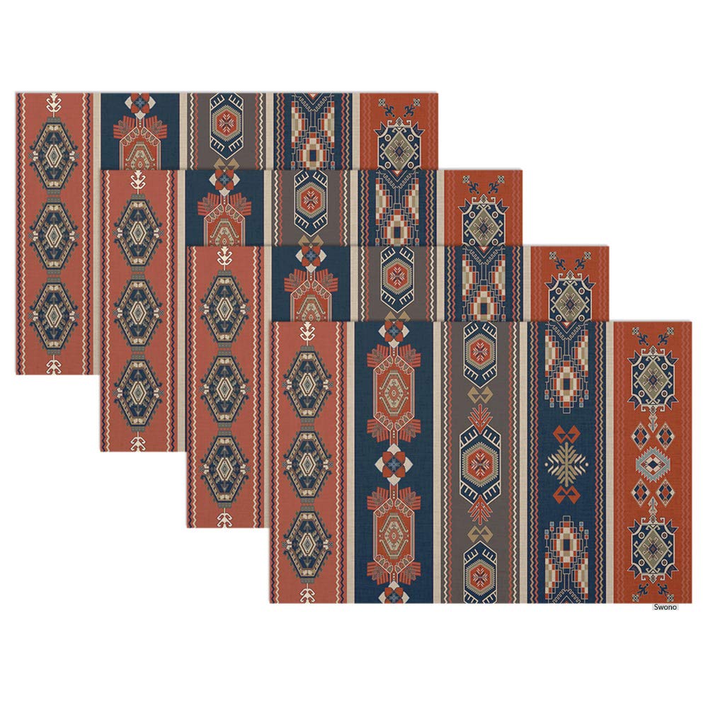Swono African Geometric Placemats Set of 4 - 12x18 Inch Abstract Ethnic Table Mats with Symmetrical Folk Design, Oilproof Kitchen Dining Decor for Home & Restaurant Use