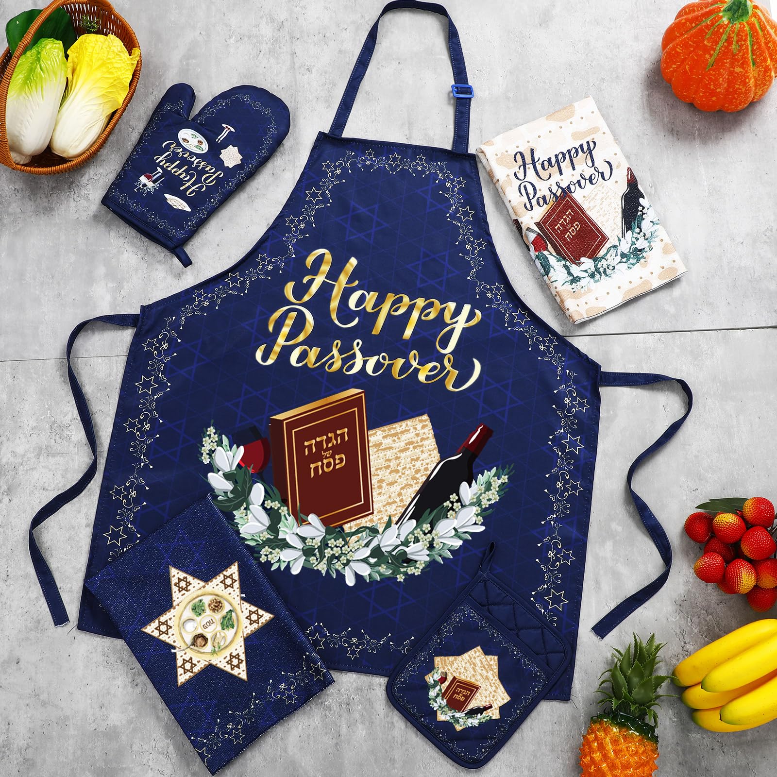 5-Piece Passover Kitchen Set - Apron, Pot Holder, Oven Mitts & Towels - Hostess Gift for Women & Men - Perfect for Passover Cooking, Baking & Holiday Entertaining