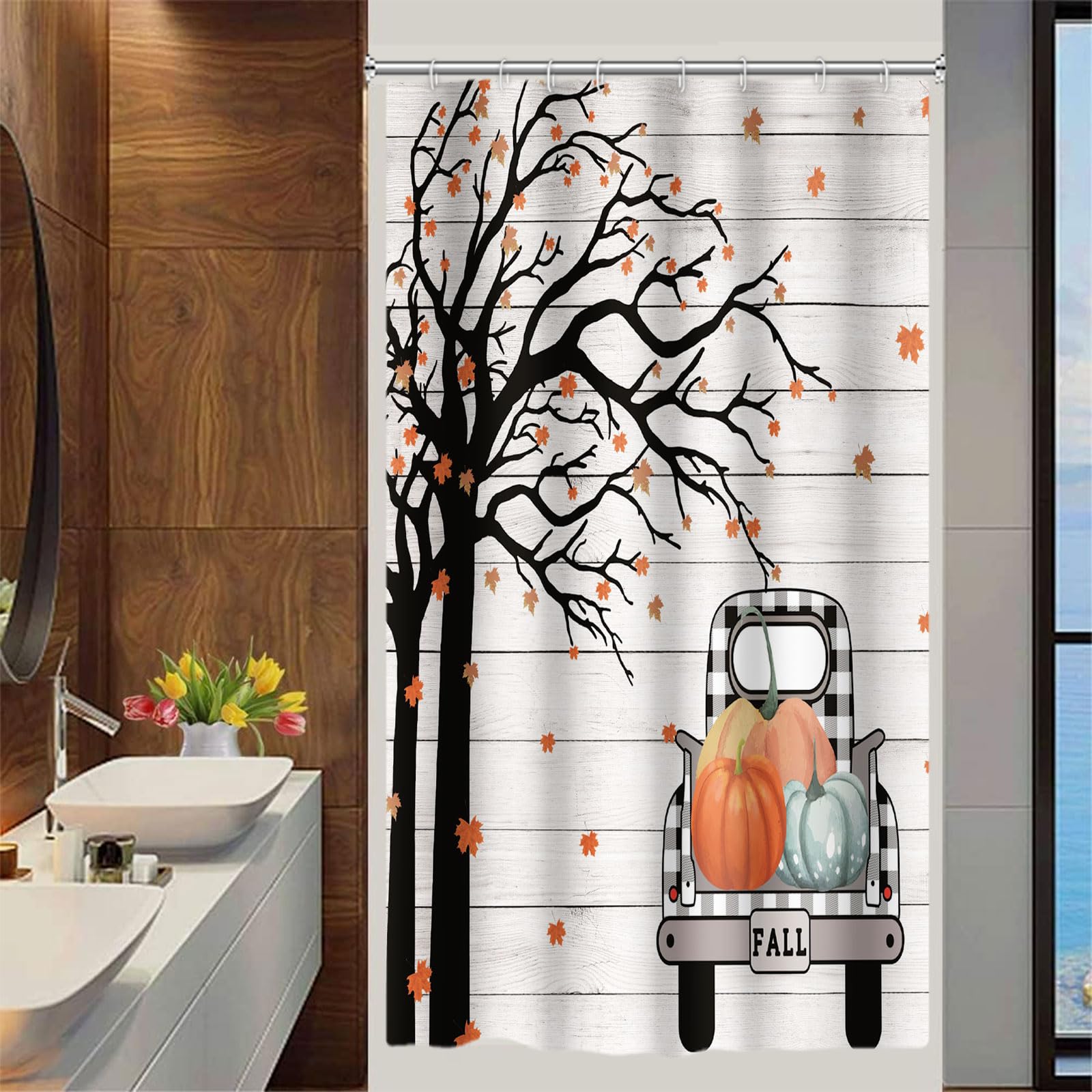 Yeele Autumn Pumpkin Shower Curtain - 48x72 Inch Fall Thanksgiving Harvest Bathroom Decor - Black and White Waterproof Fabric Shower Liner with Hooks - Machine Washable for Easy Care - Perfect for Seasonal Home Decor and Holiday Bathroom Styling