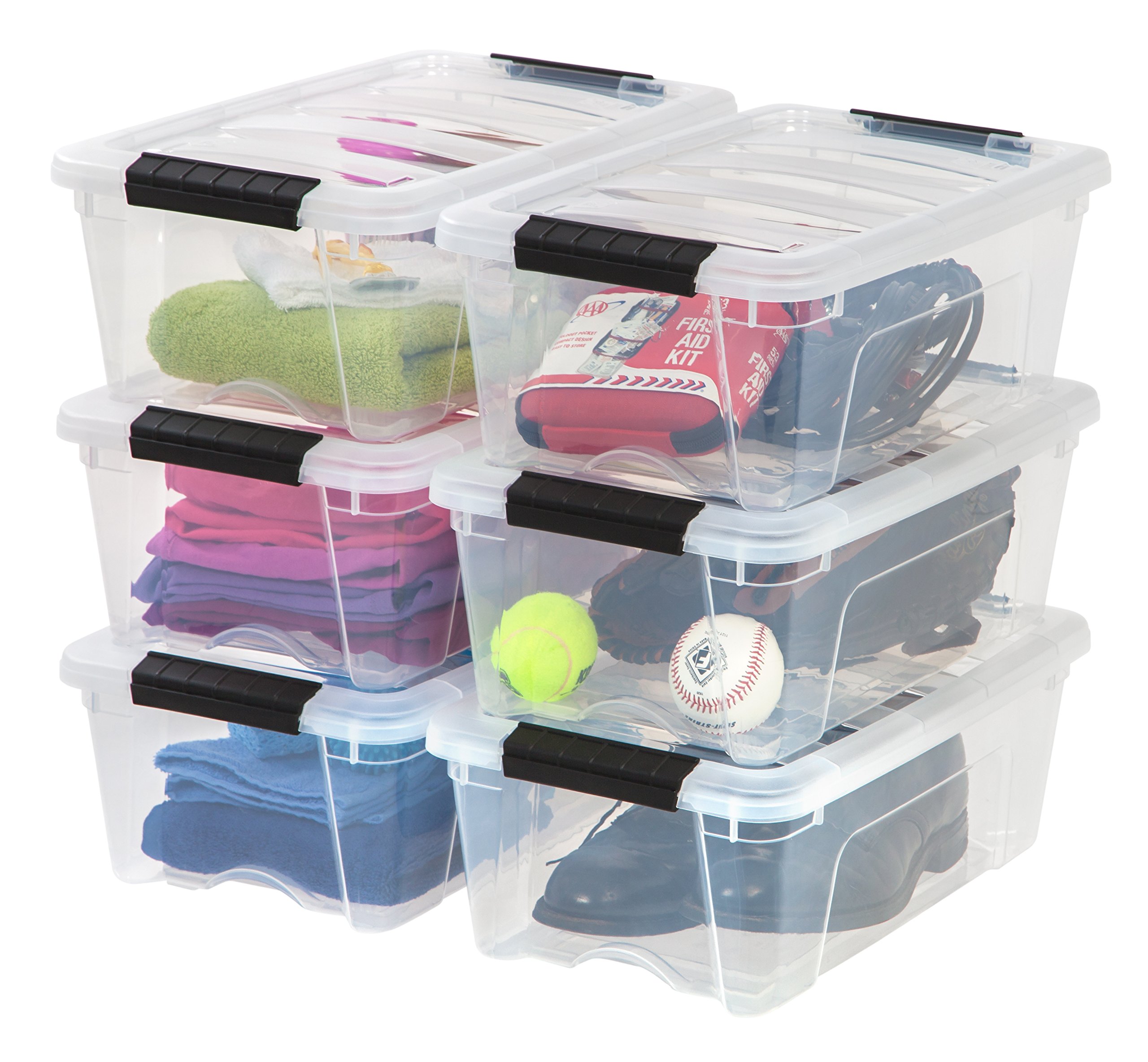 IRIS USA 12 Quart & 32 Quart Stackable Plastic Storage Bins - 6-Pack Clear & Pearl Organizer Boxes with Water-Resistant Design for Home, Office, or Closet Organization