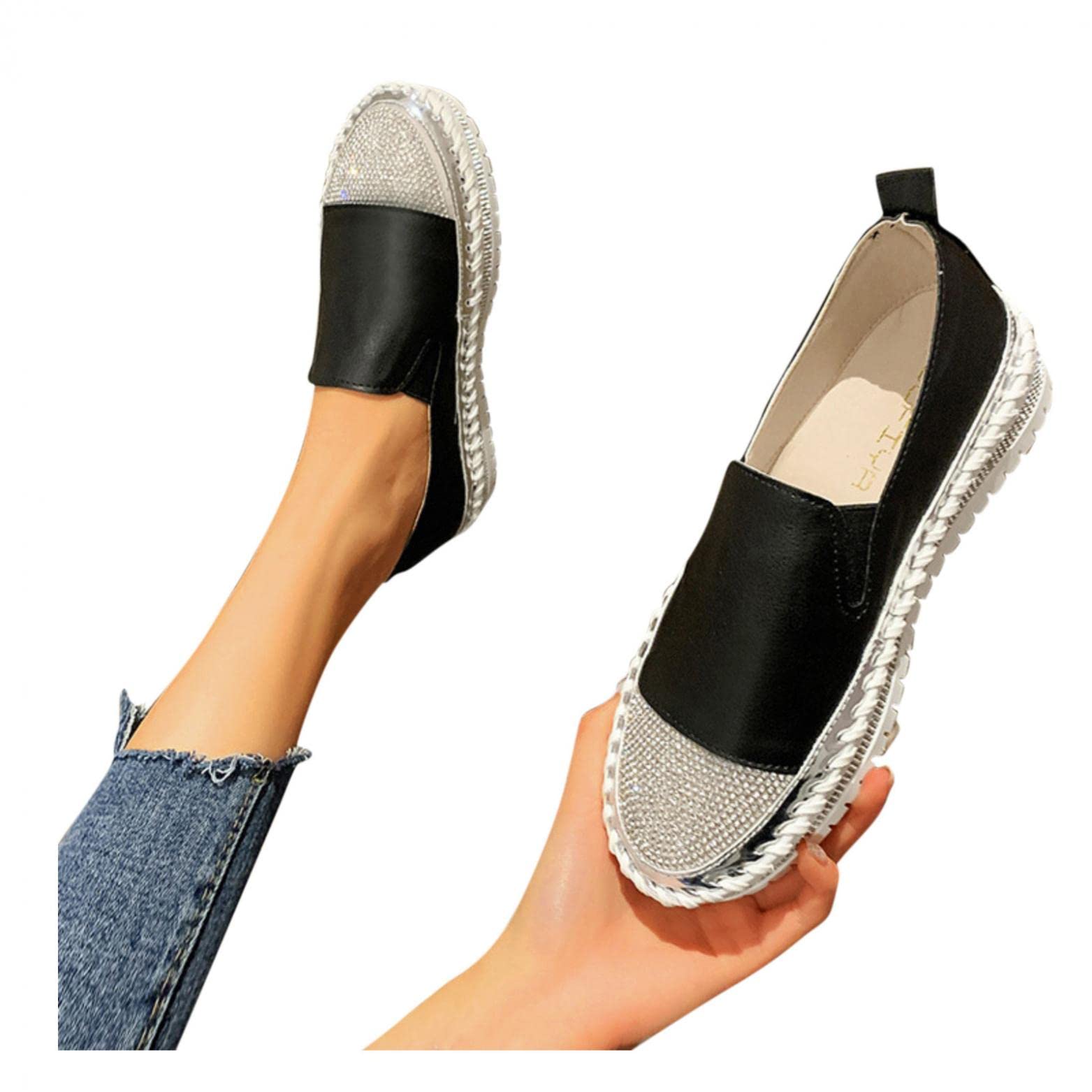 Women's Platform Wedges Slip-On Loafers with Glitter Rhinestones - Comfortable Casual Sneakers for Walking, Fitness, Travel, Beach, Wedding & Party | Dressy Pumps for Outdoor & Everyday Wear