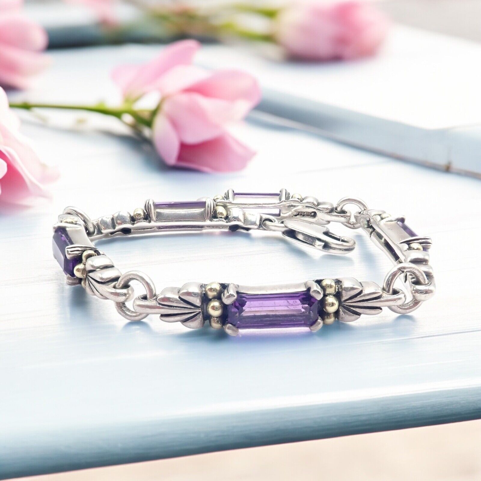 Authentic 18K Yellow Gold & Silver Amethyst Bracelet with Lagos Caviar - Elegant Jewelry for Women, Perfect for Parties, Weddings & Special Occasions