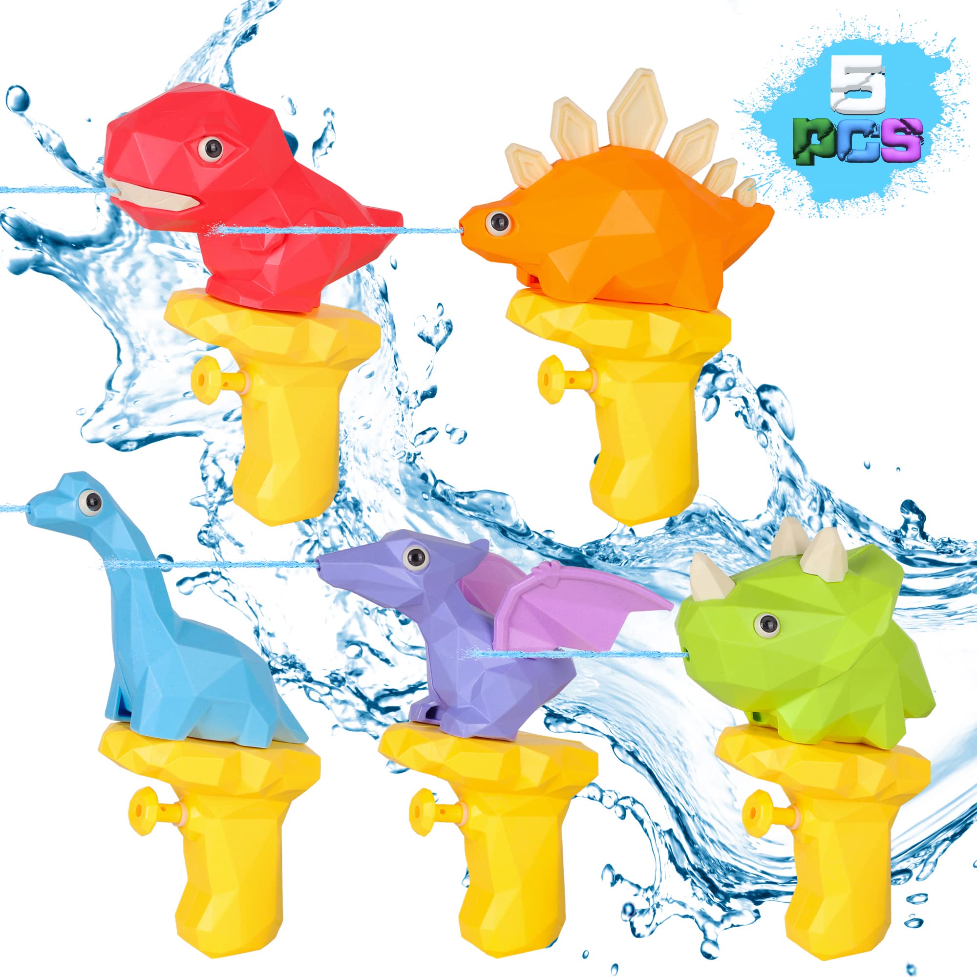 5 Pack Dinosaur Water Guns for Kids - Outdoor Summer Water Toys, Pool & Beach Party Favors for Boys Girls Ages 2-6 - Fun Water Blaster Soakers for Backyard Play, Birthday Parties & Splash Battles