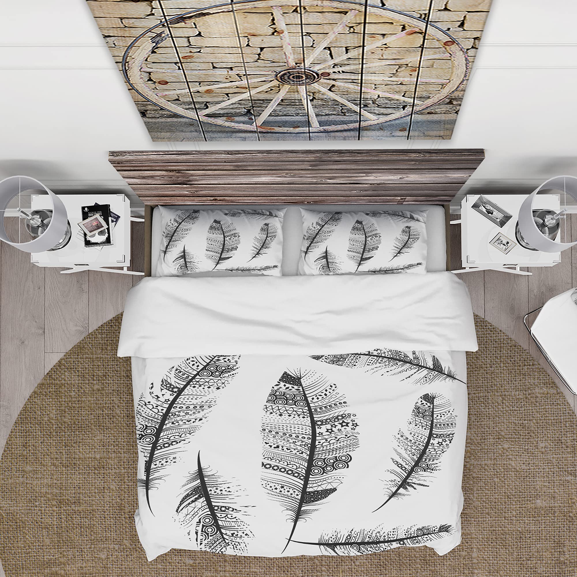 Bohemian Feather Duvet Cover King - Vintage Tribal Pattern Bedding Set for Cozy Cottage Style