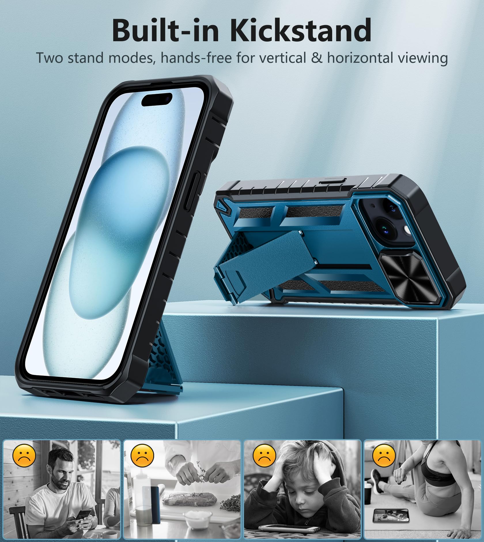 FNTCASE Military Grade Shockproof iPhone 15 Case with Kickstand - Heavy Duty Rugged Phone Cover with Anti-Slip Texture & Slide Protection - Perfect for Outdoor Activities, Construction Work & Extreme Sports