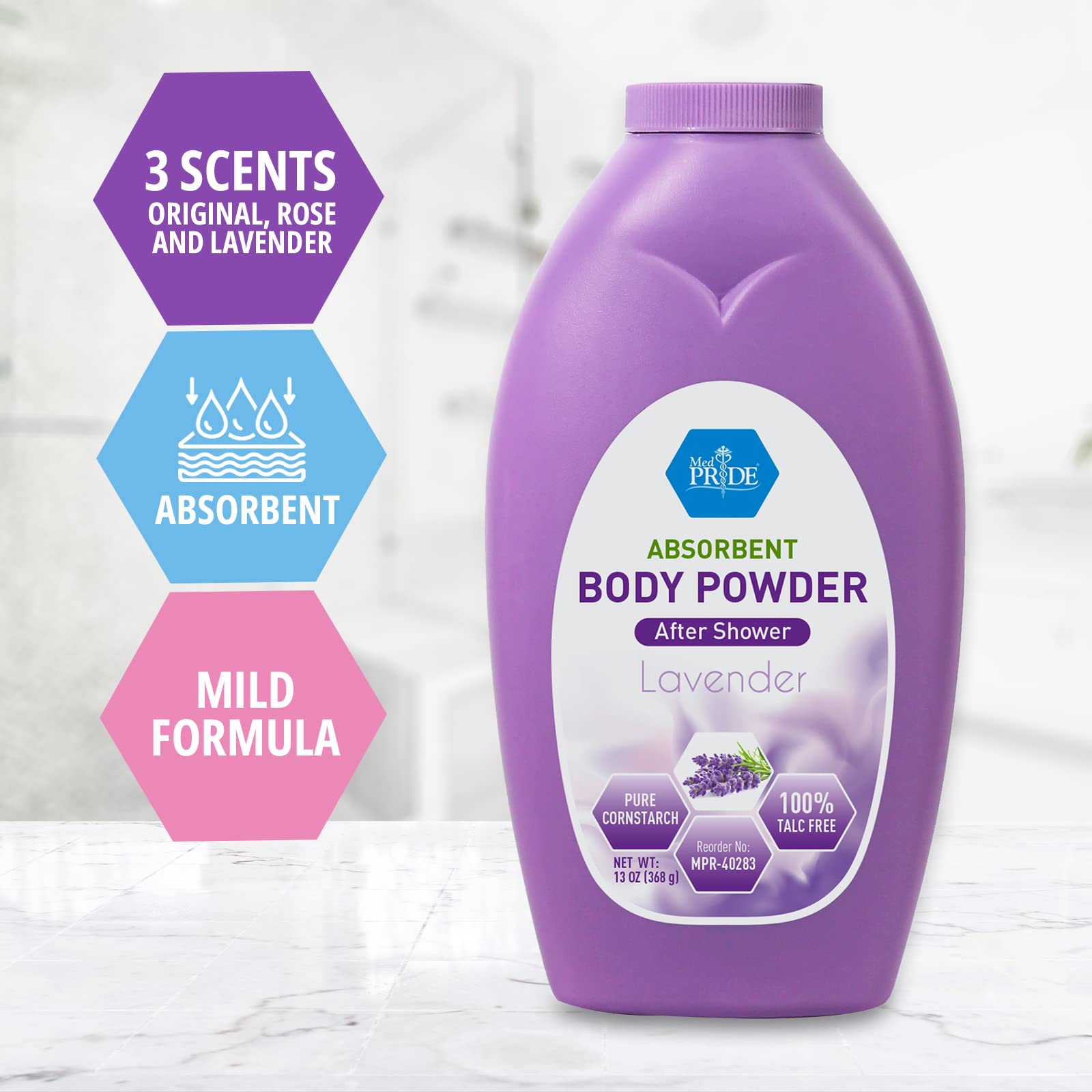MED PRIDE 100% Talc-Free Cornstarch Body Powder | Lavender Scented Shower Powder for Odor & Moisture Control | Paraben-Free, 13oz | Ideal for Post-Shower, Gym & Travel Use