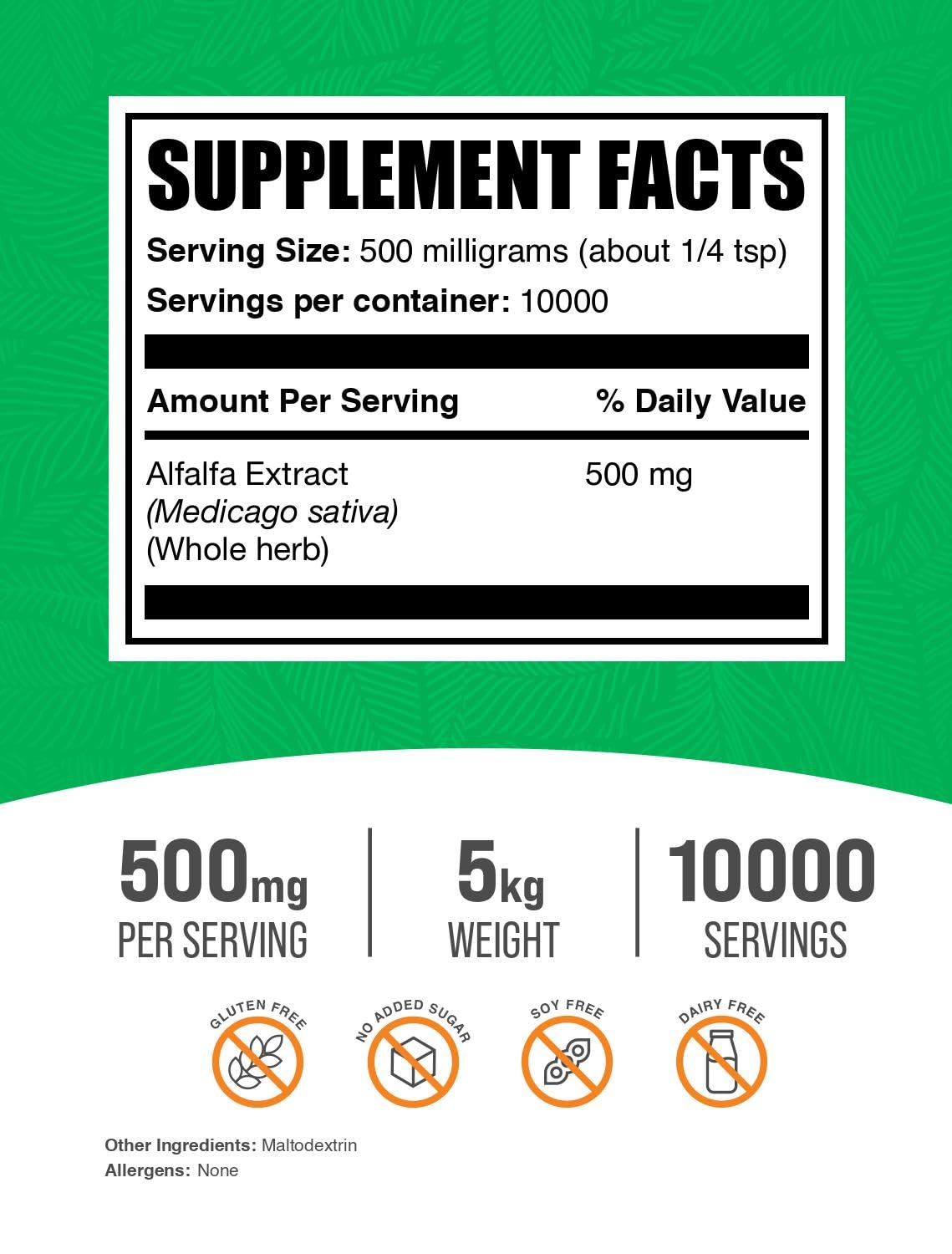 BulkSupplements.com Alfalfa Extract Powder 5kg (11 lbs) - Vegan, Gluten-Free Green Superfood Supplement, 500mg per Serving - Pack of 5 for Smoothies, Juices & Daily Nutrition Boost