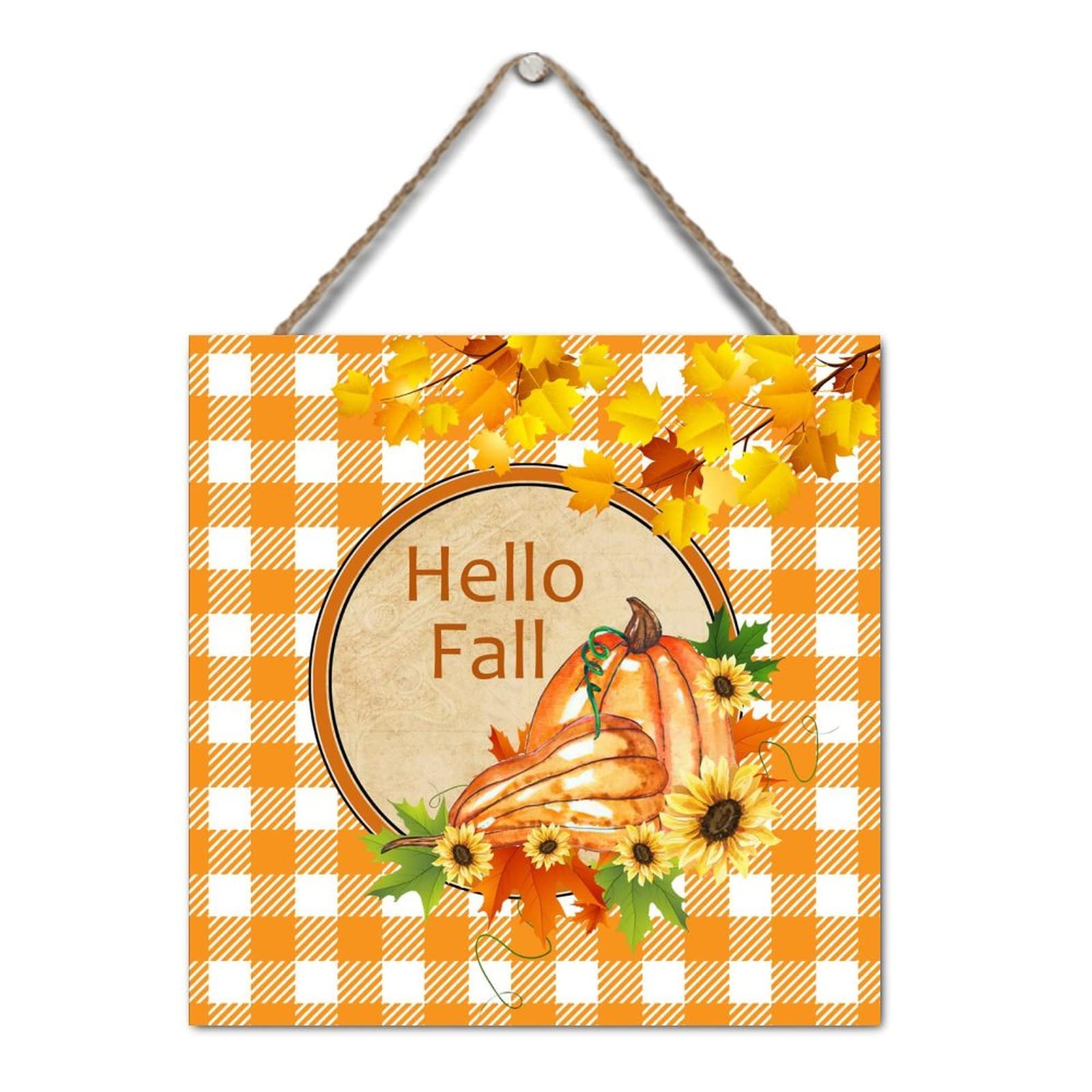 Farmhouse Wood Wall Sign - 12x12in Hello Fall Decor with Pumpkin & Sunflowers, Orange & White Buffalo Check Plaid - Thanksgiving, Autumn, Halloween Hanging Sign for Bedroom, Living Room, Porch, and Seasonal Home Decor
