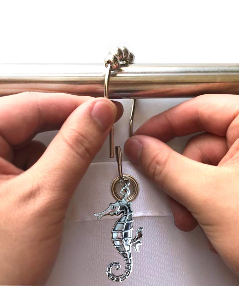 12-Pack Silver Seahorse Shower Curtain Hooks - Tropical Coastal Beach & Nautical Bathroom Decor Set | Perfect for Ocean-Themed, Seaside, and Boat-Inspired Bathroom Designs
