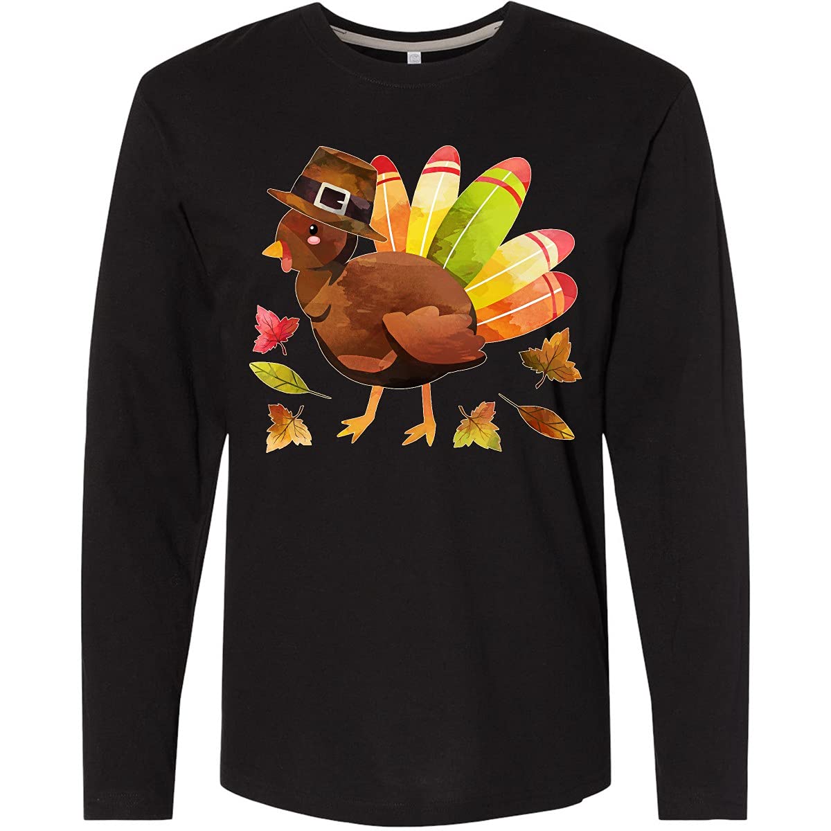 Inktastic Cute Thanksgiving Turkey in Pilgrim Hat Long Sleeve T-Shirt for Women & Men - Holiday Family Gathering Outfit