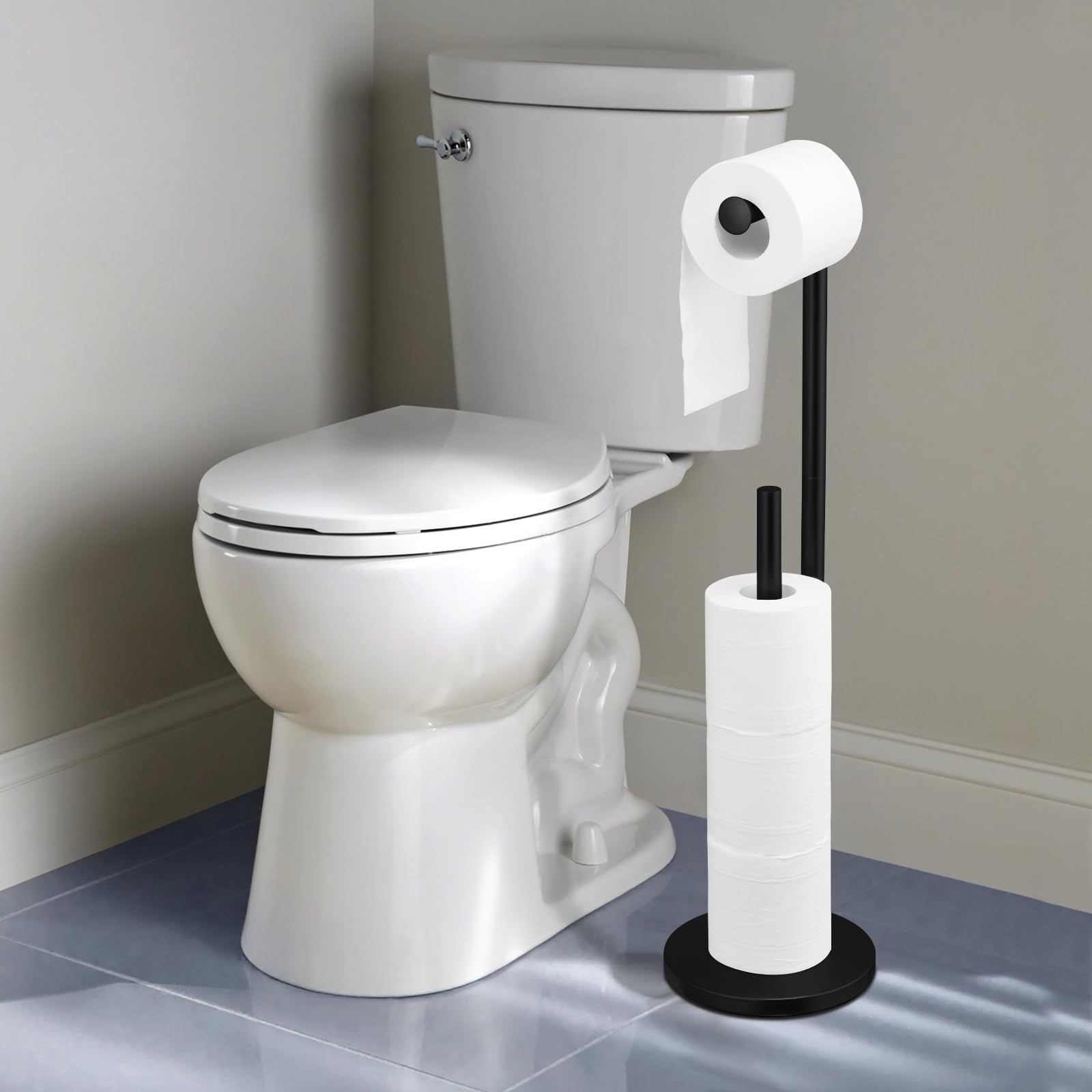 Free Standing Toilet Paper Holder Stand - Large Capacity Bathroom Tissue Roll Dispenser for 4 Rolls with Reserve Storage | Matte Black Finish | Perfect for Home, Office & RV Bathrooms