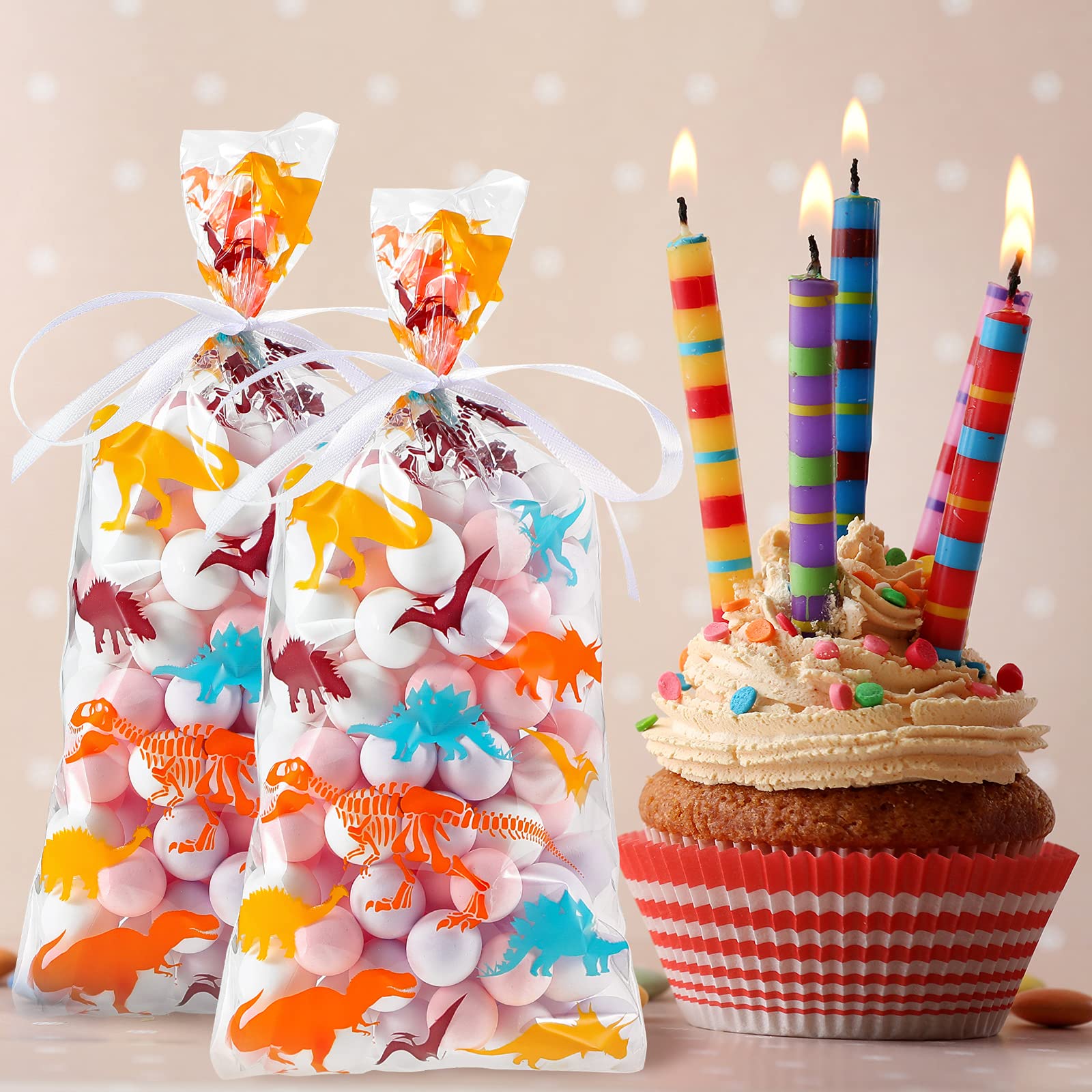 100-Pack Clear Dinosaur Cellophane Bags with White Ribbon - Dinosaur Skeleton Party Favor Bags for Candy, Cookies, Snacks - Perfect for Birthday Parties, Baby Showers & Themed Events